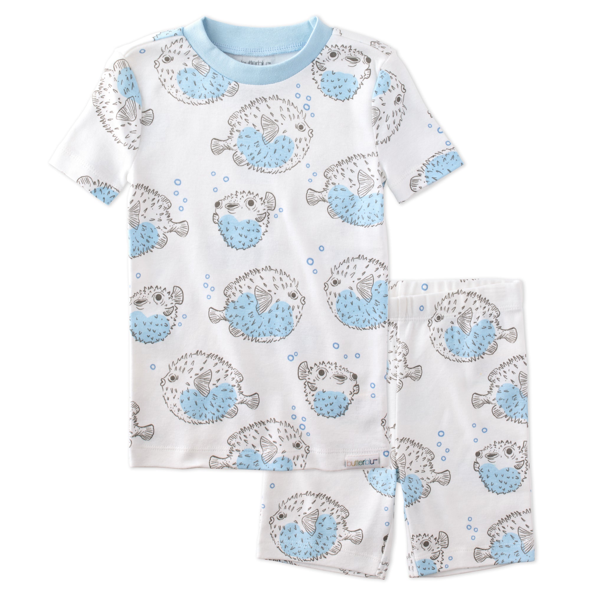 SHADE  two piece short pajama set in Blowing Bubbles on a white background
