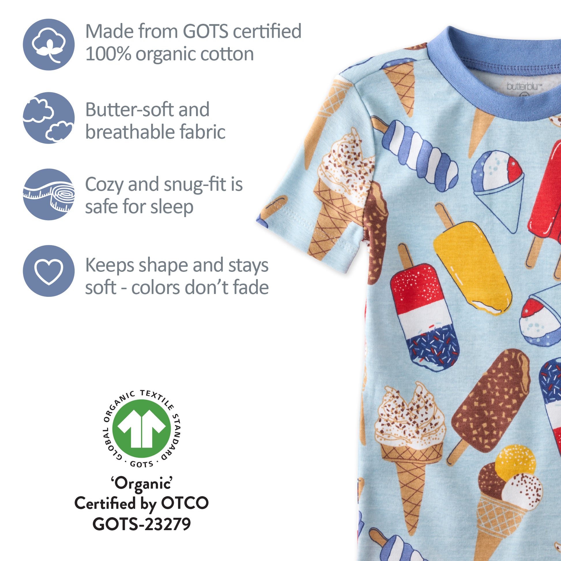 GOTS certification badges for the SHADE pajamas