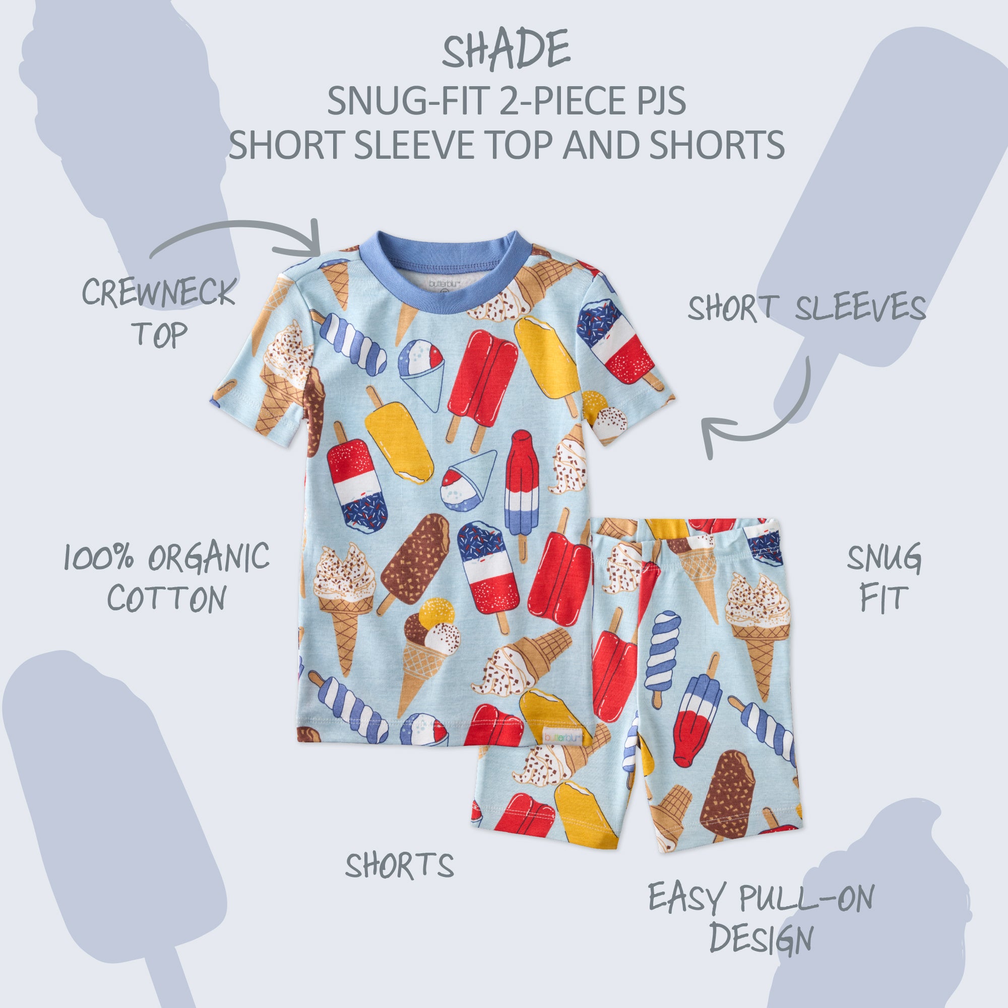  SHADE two piece short pajama set with product descriptions surrounding it