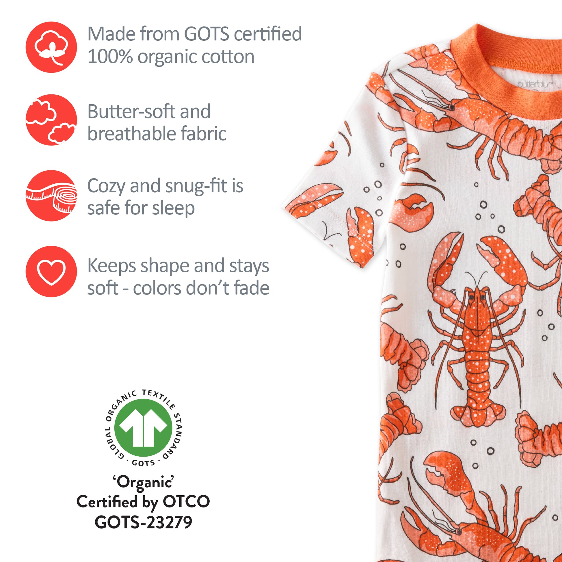 GOTS certification badges for the SHADE pajamas
