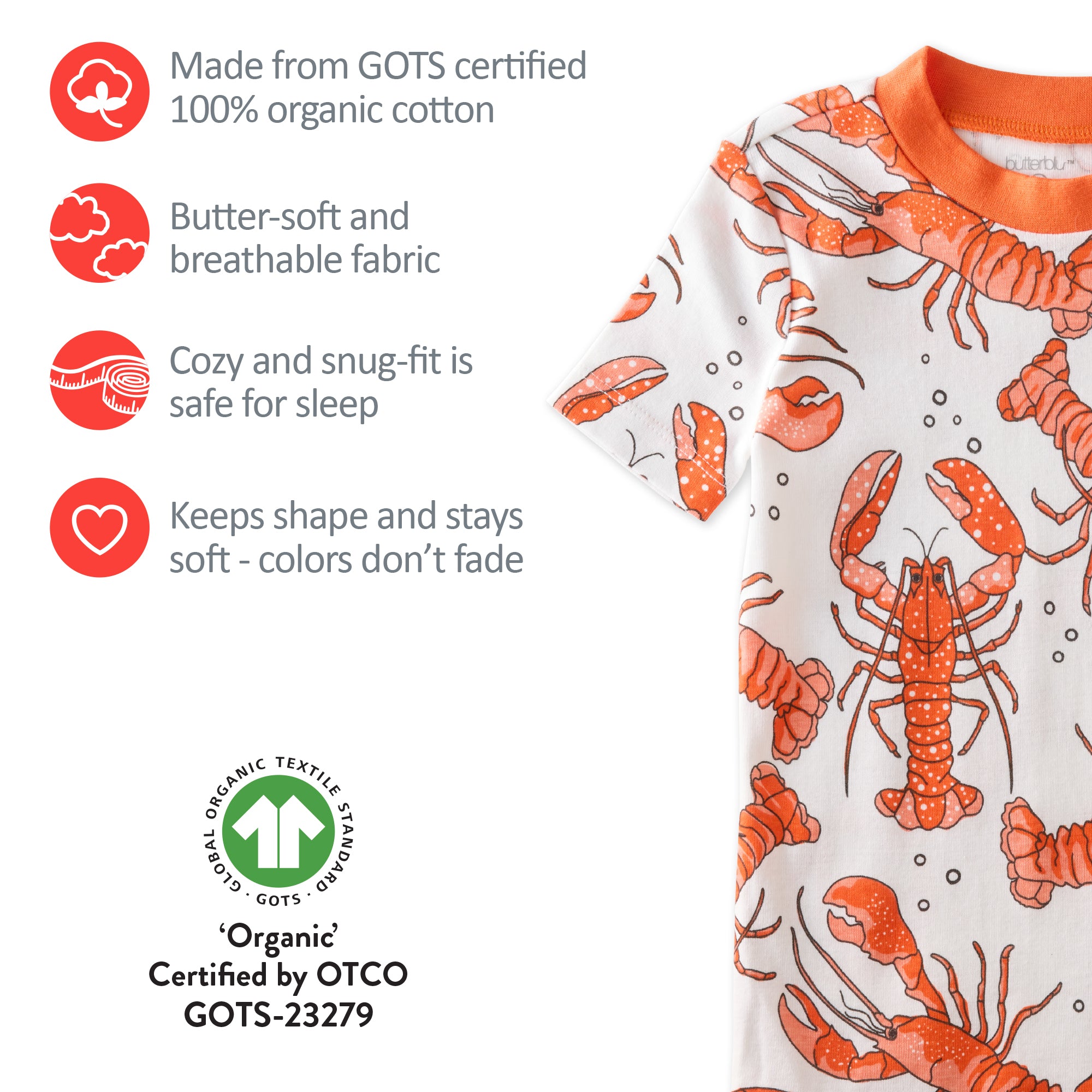 GOTS certification badges for the SHADE pajamas