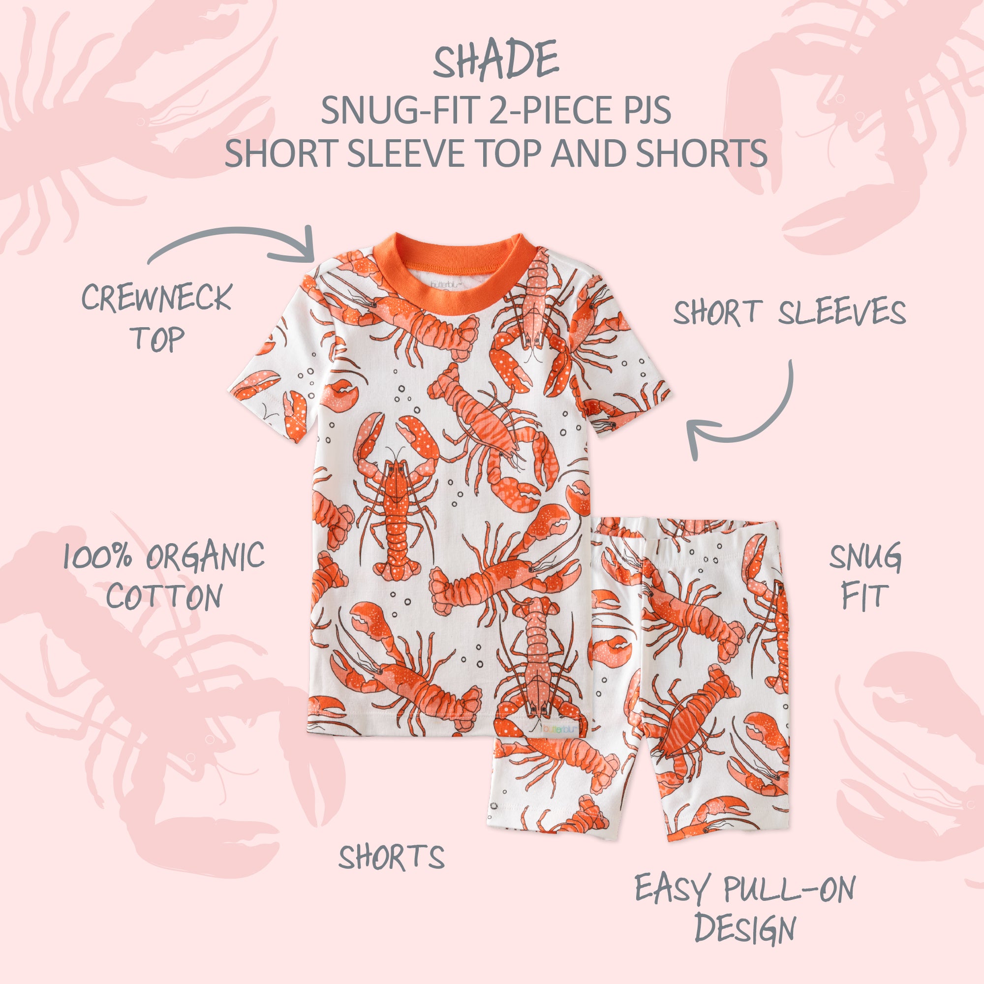  SHADE two piece short pajama set with product descriptions surrounding it