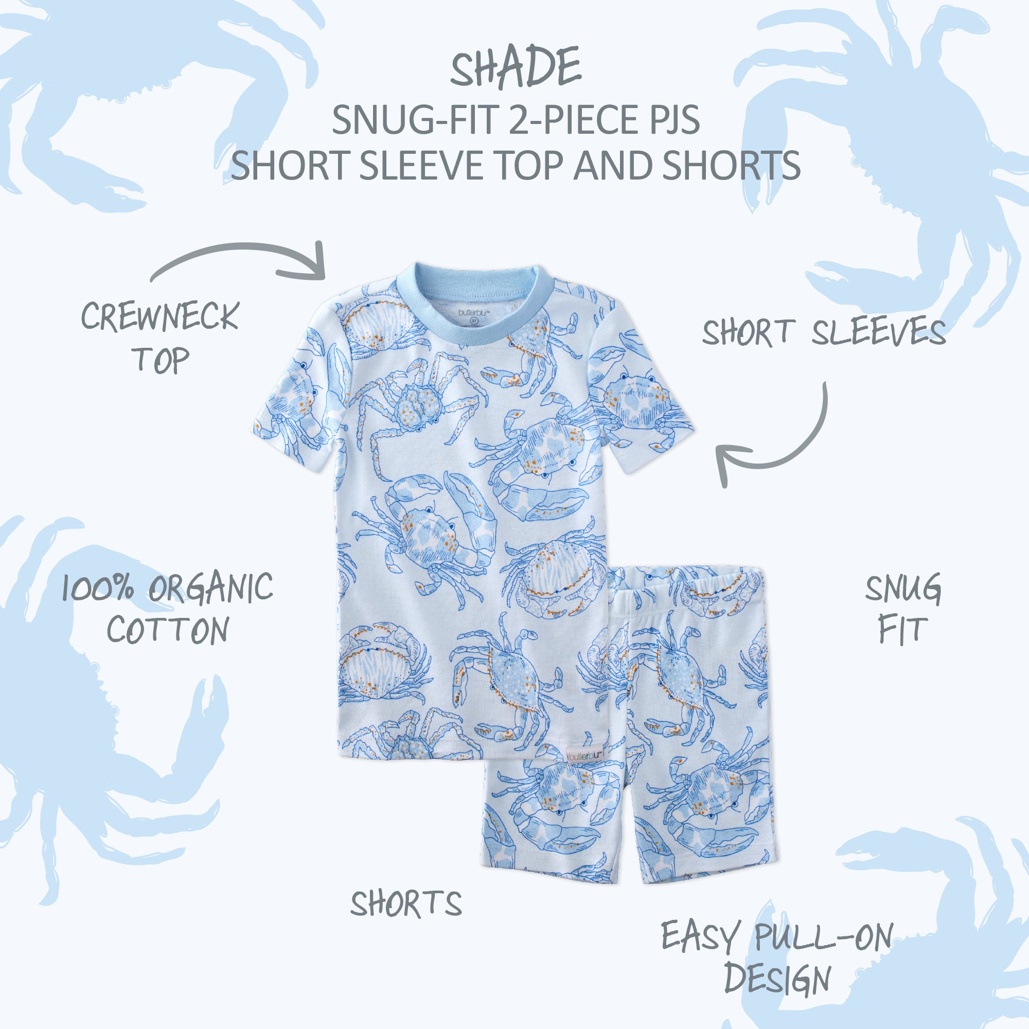  SHADE two piece short pajama set with product descriptions surrounding it