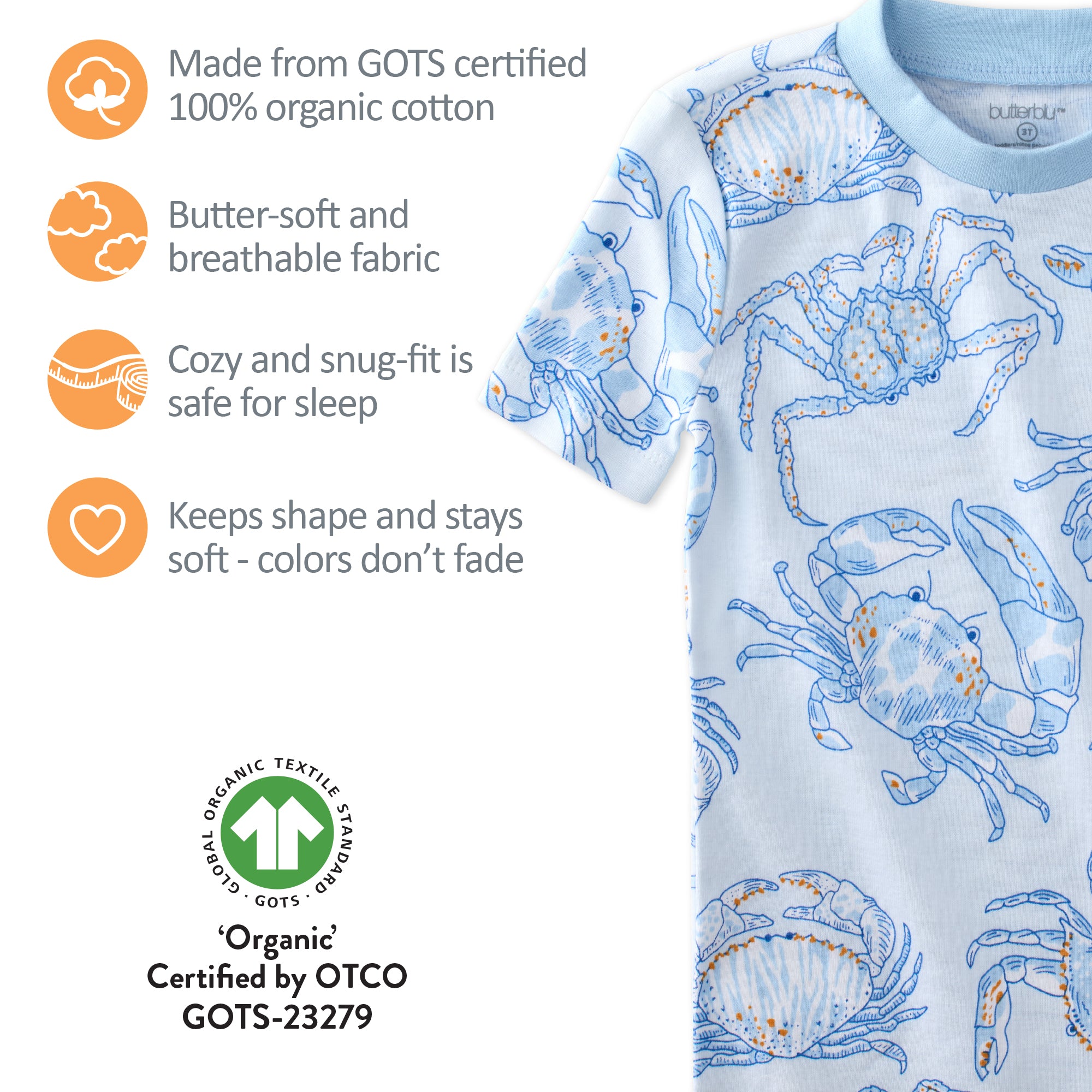 GOTS certification badges for the SHADE pajamas