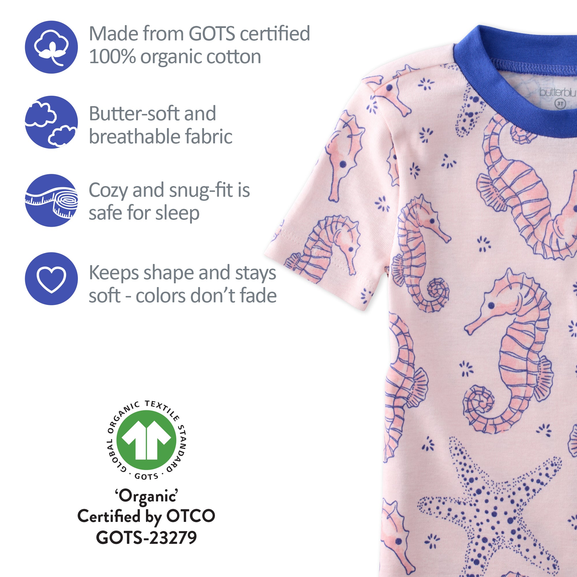 GOTS certification badges for the SHADE pajamas