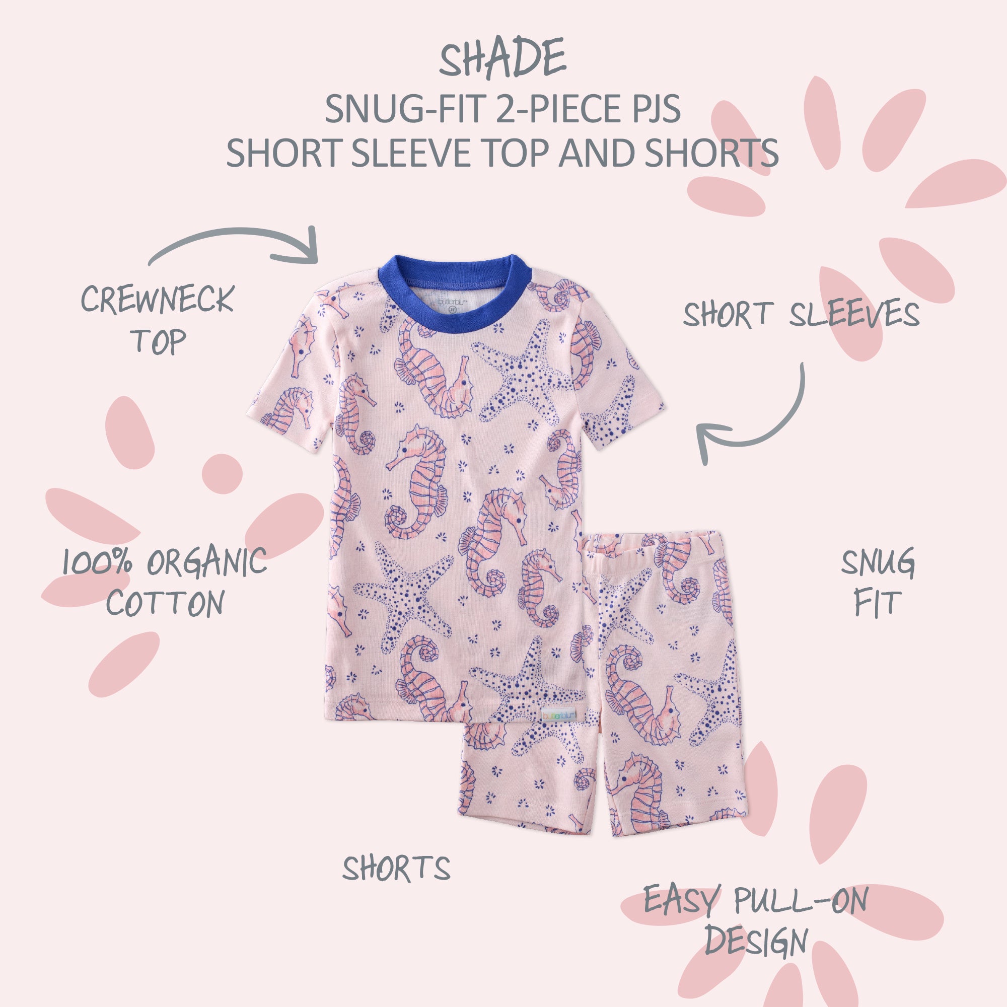  SHADE two piece short pajama set with product descriptions surrounding it