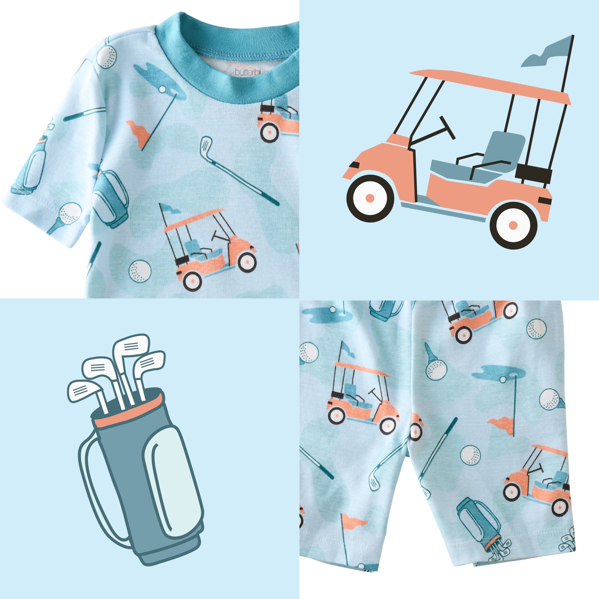 Little Golfer Blue top and bottom pattern collage
