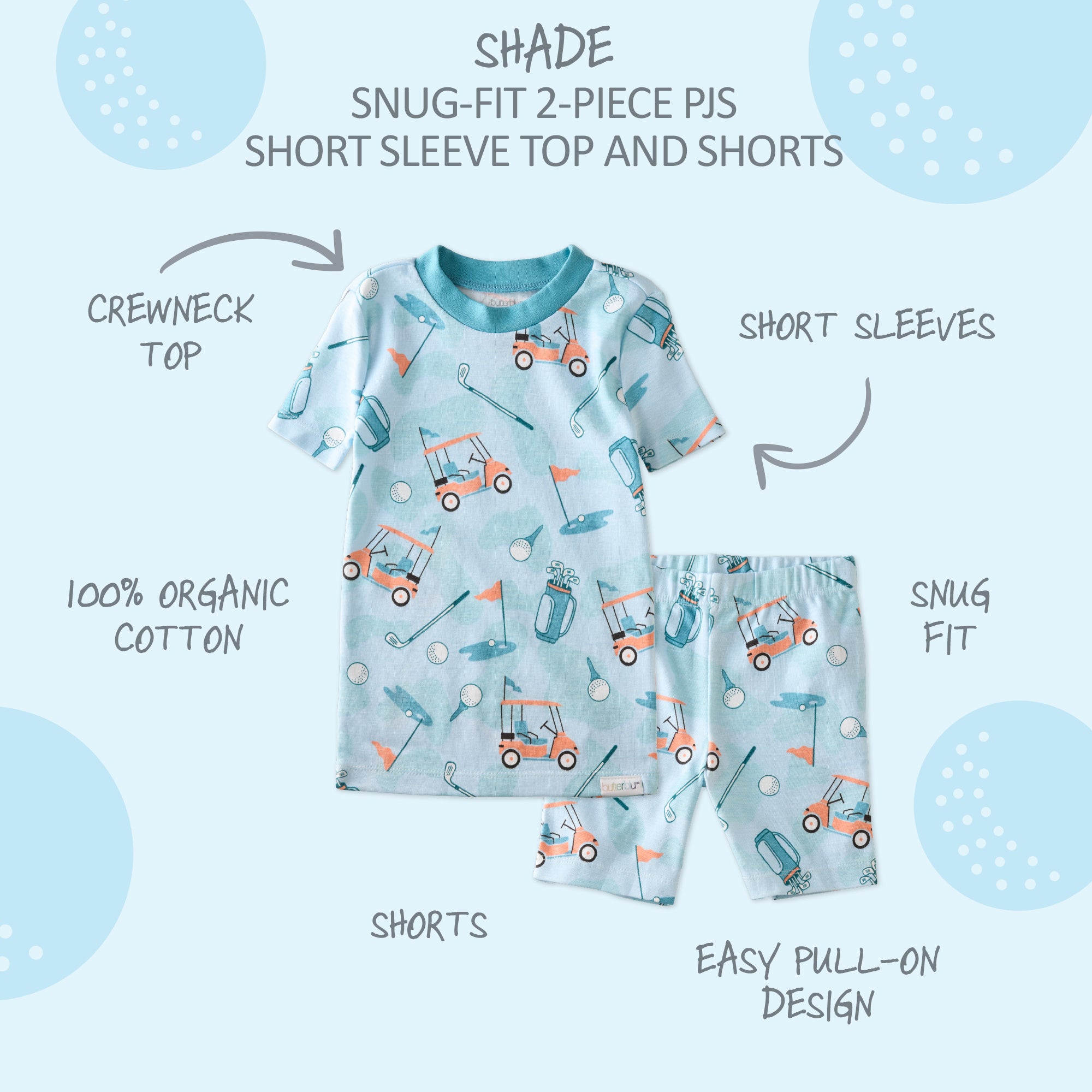  SHADE two piece short pajama set with product descriptions surrounding it
