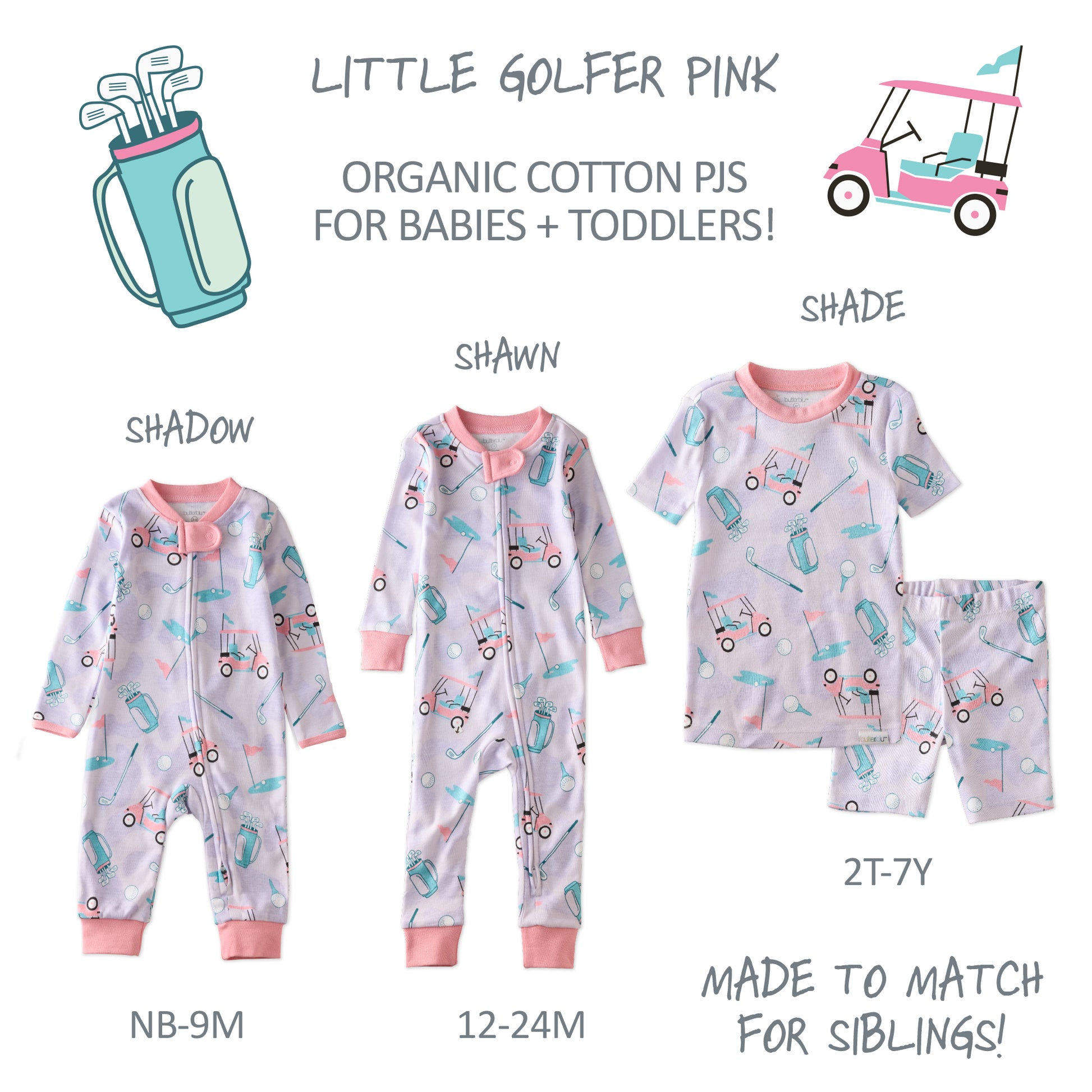 Made to Match pajama set in Little Golfer Pink on a white wallpaper
