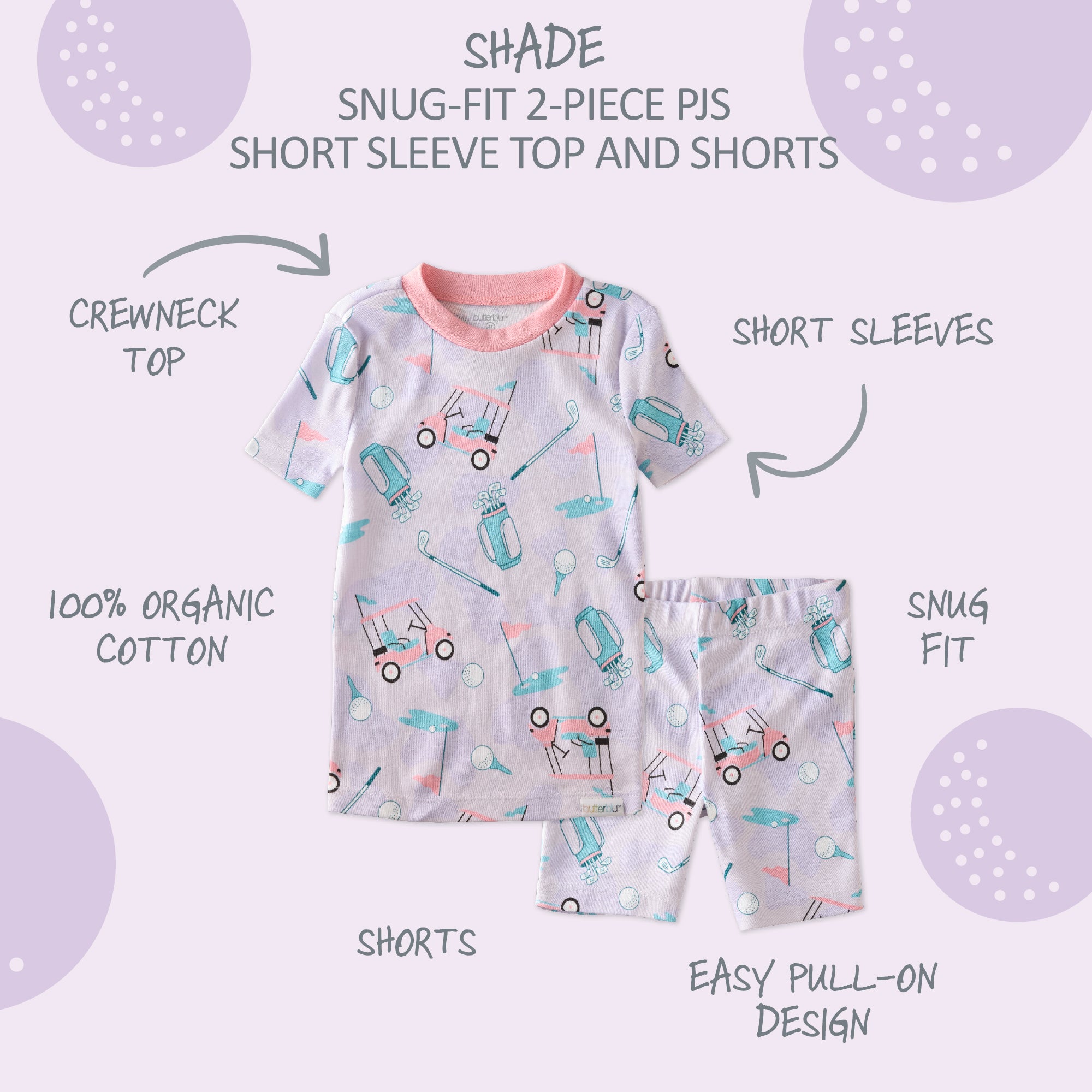  SHADE two piece short pajama set with product descriptions surrounding it
