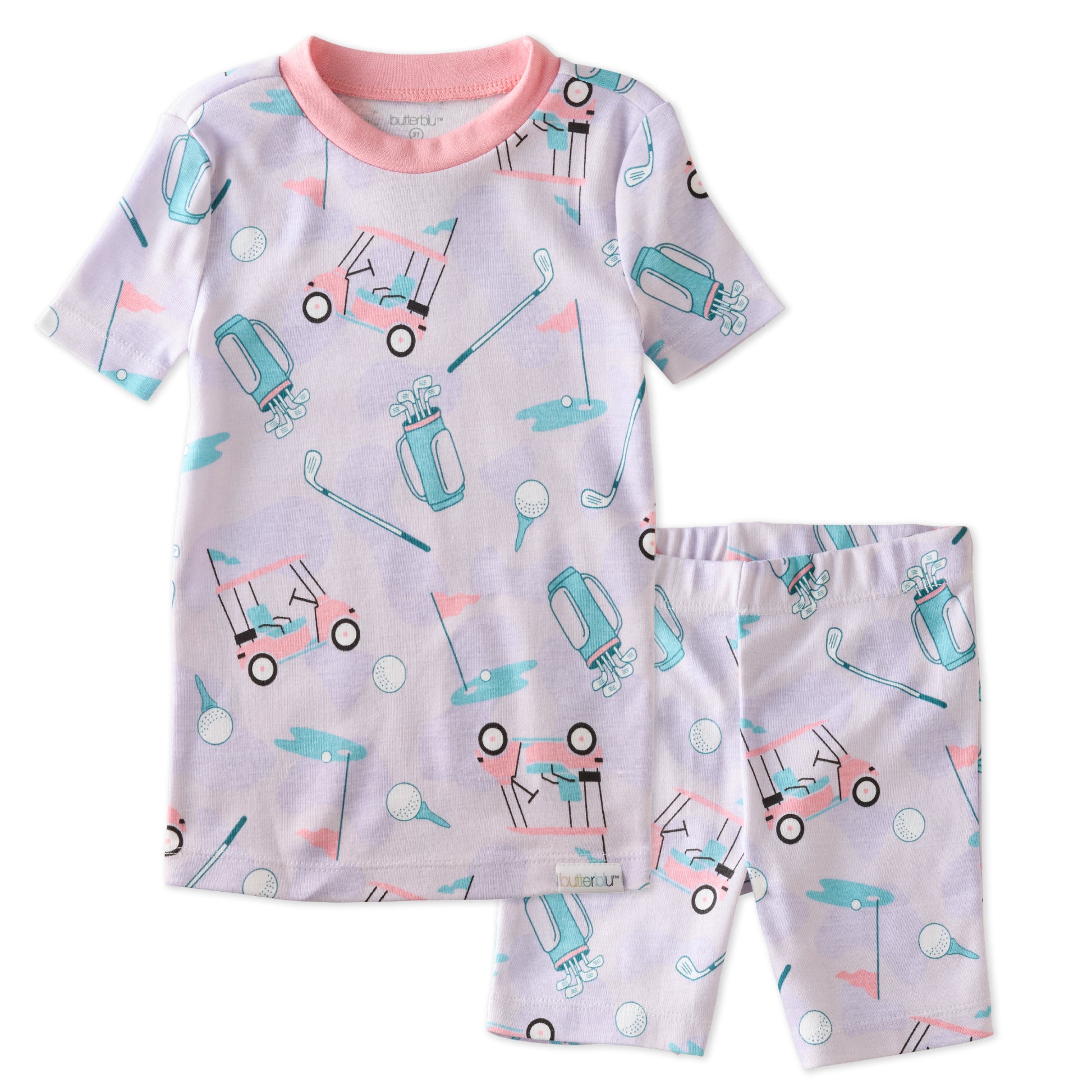SHADE  two piece short pajama set in Little Golfer Pink on a white background
