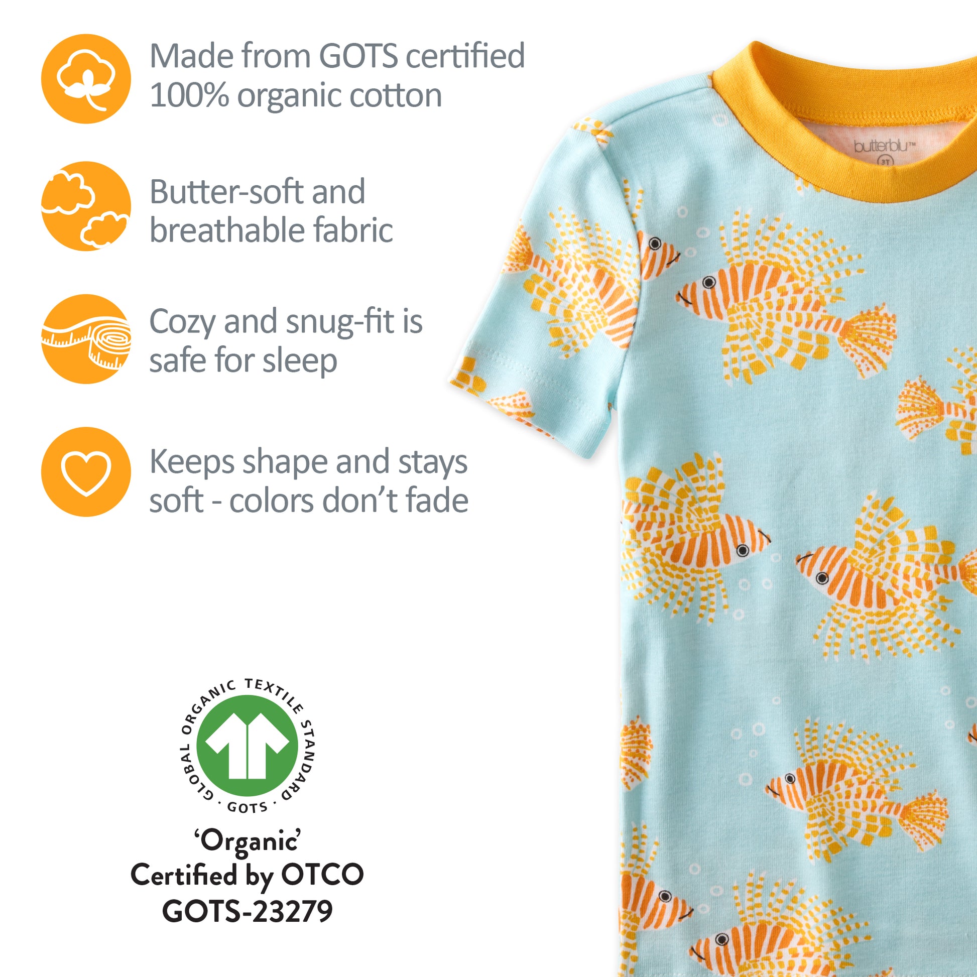 GOTS certification badges for the SHADE pajamas