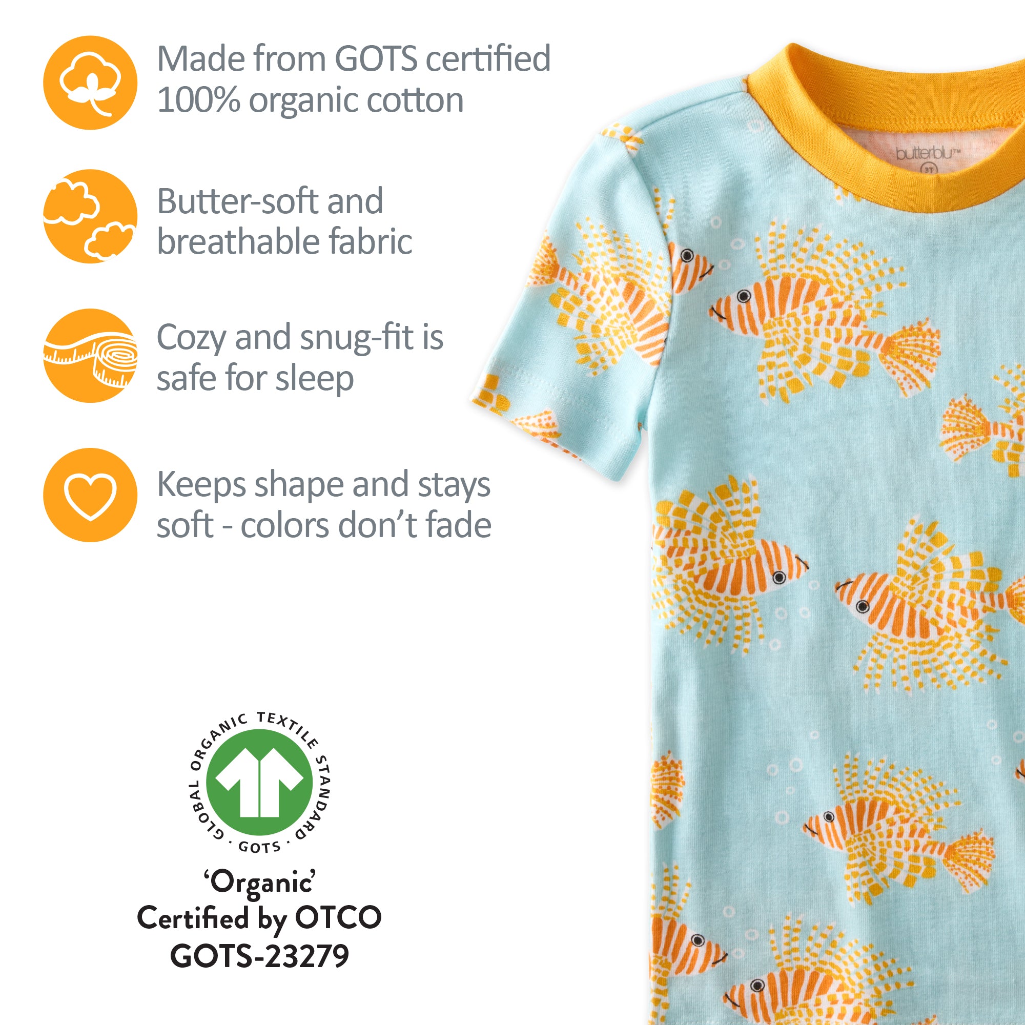 GOTS certification badges for the SHADE pajamas