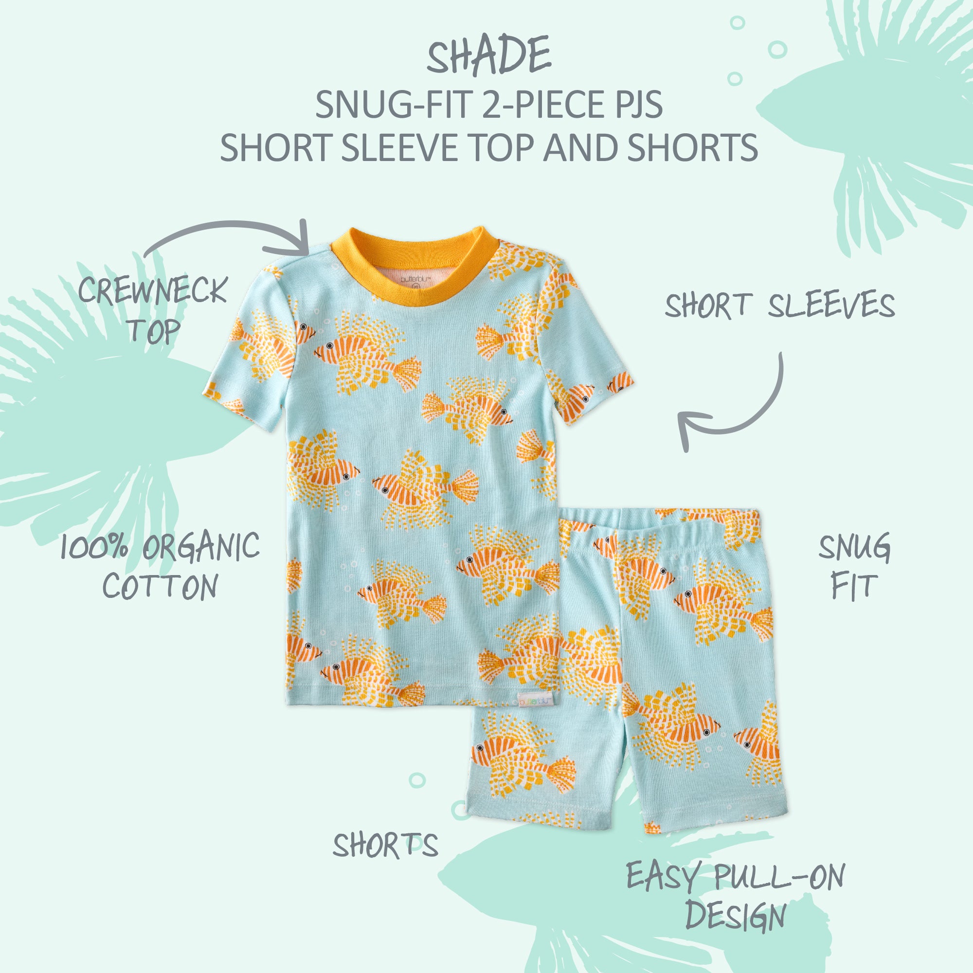  SHADE two piece short pajama set with product descriptions surrounding it