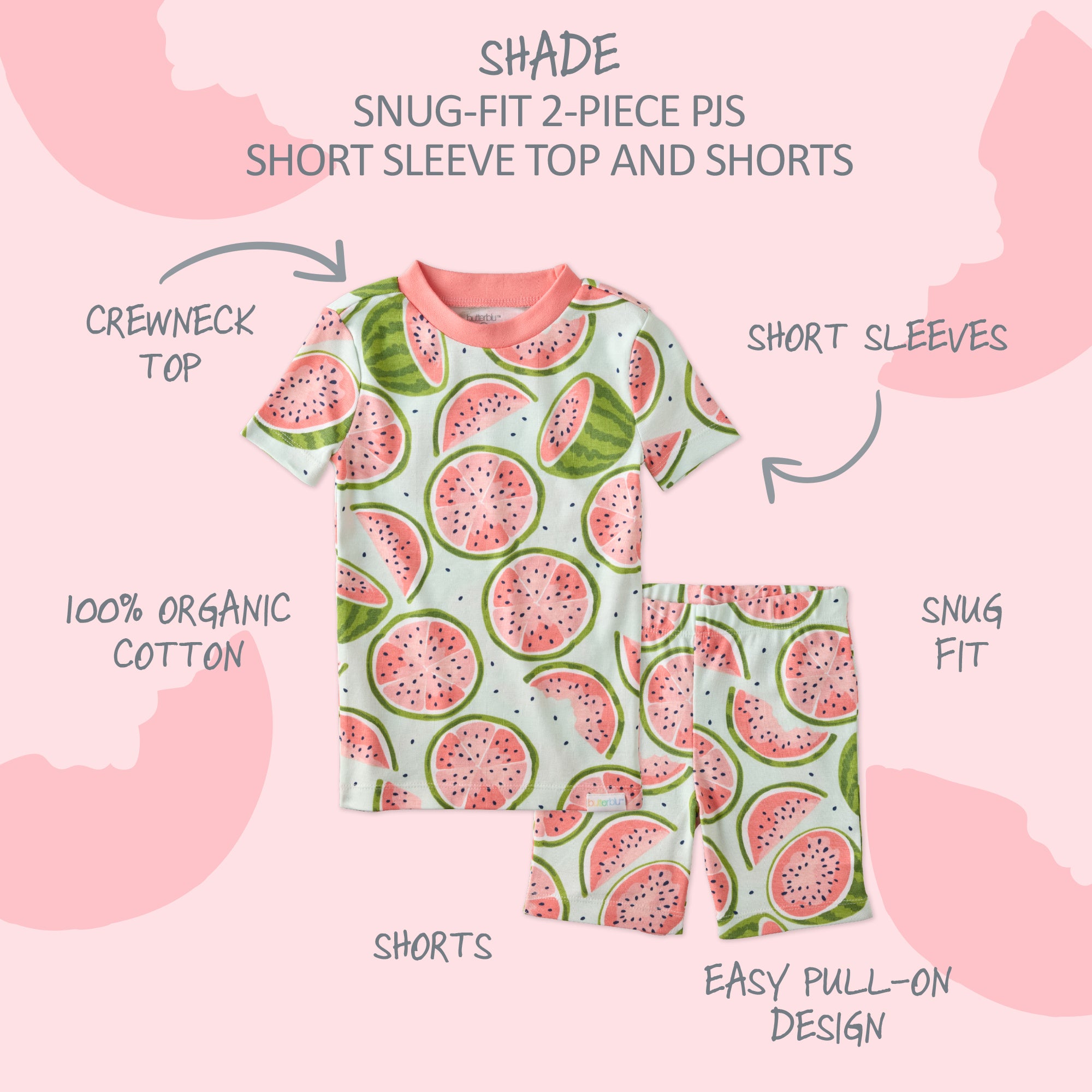  SHADE two piece short pajama set with product descriptions surrounding it