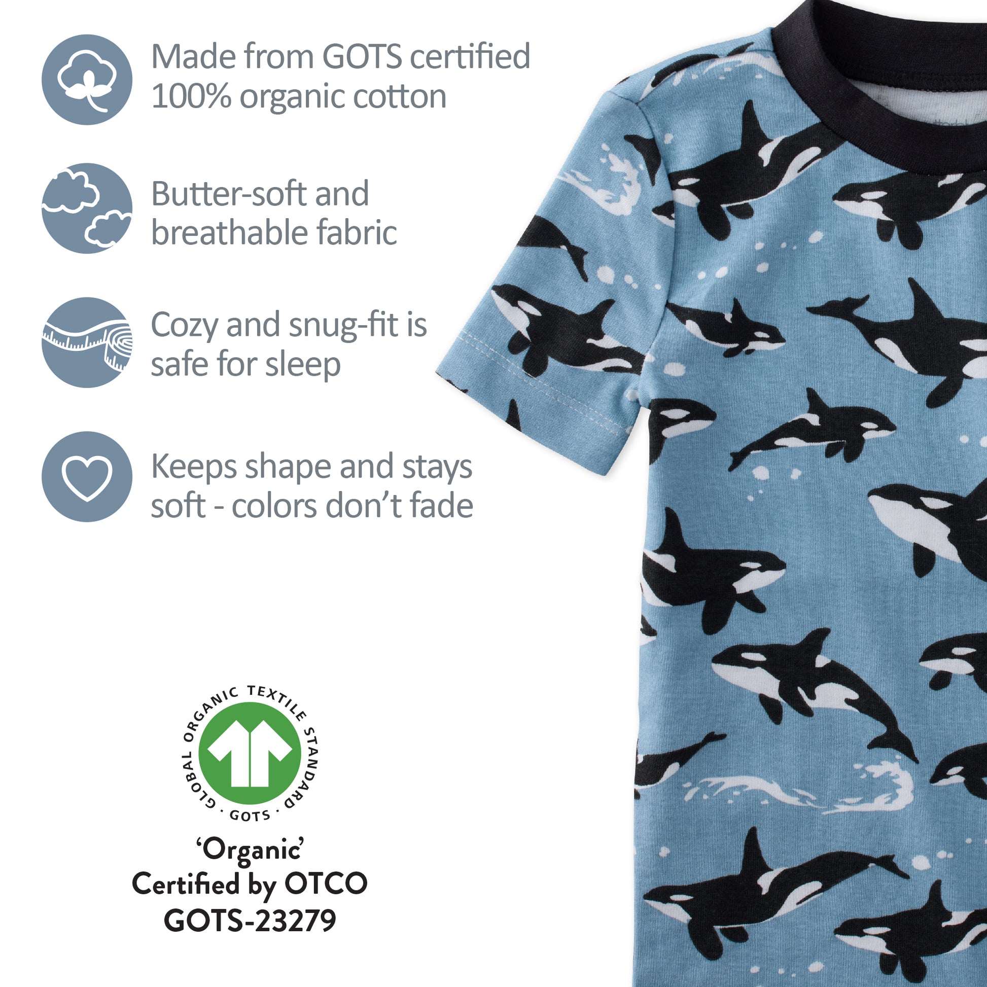 GOTS certification badges for the SHADE pajamas