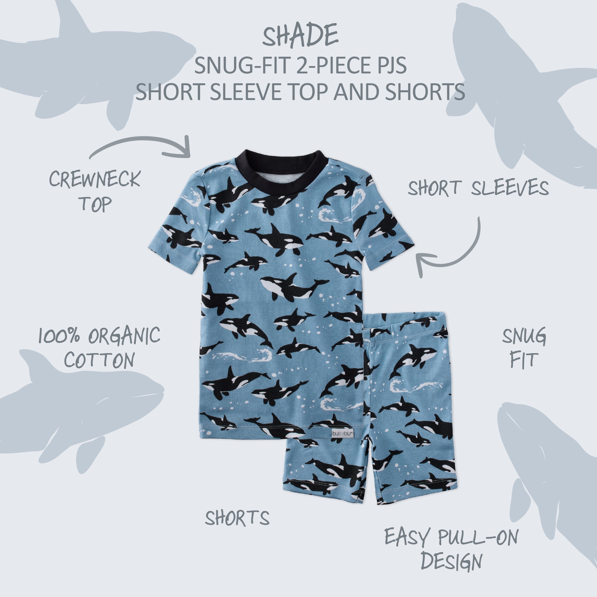  SHADE two piece short pajama set with product descriptions surrounding it