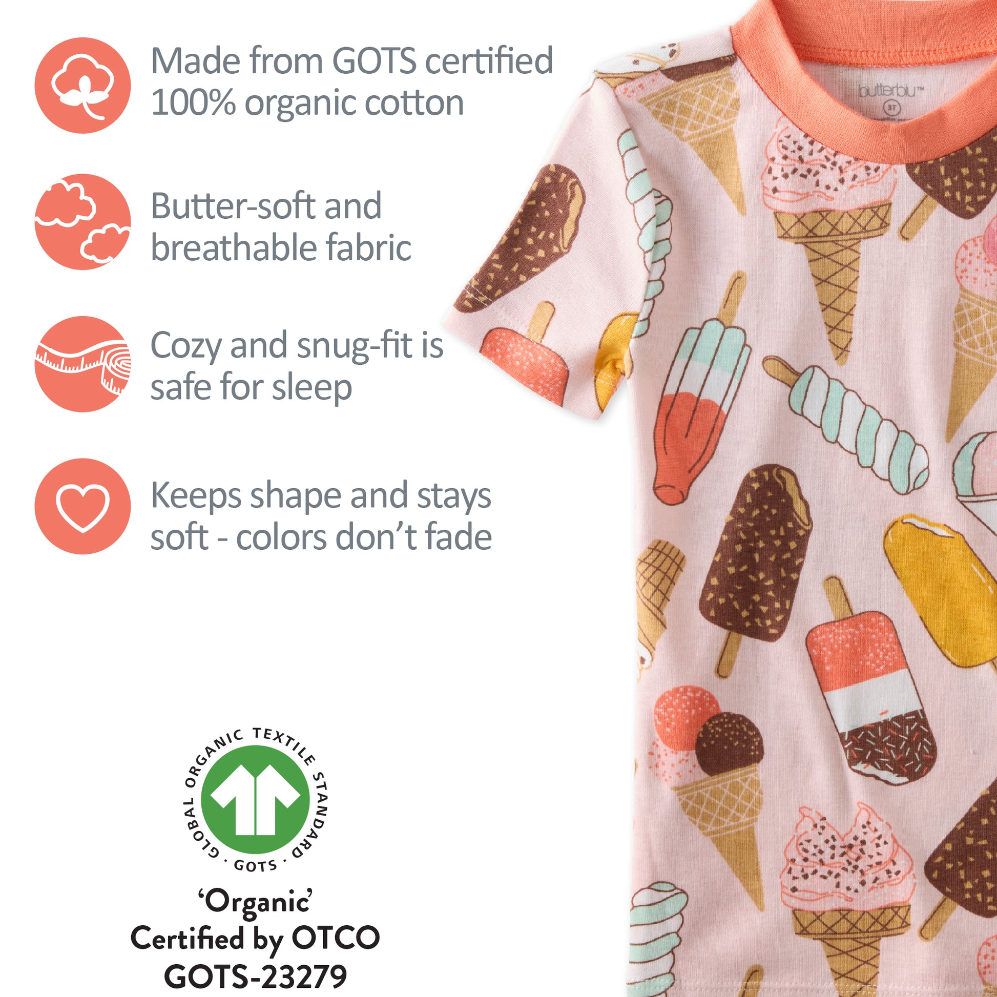 GOTS certification badges for the SHADE pajamas