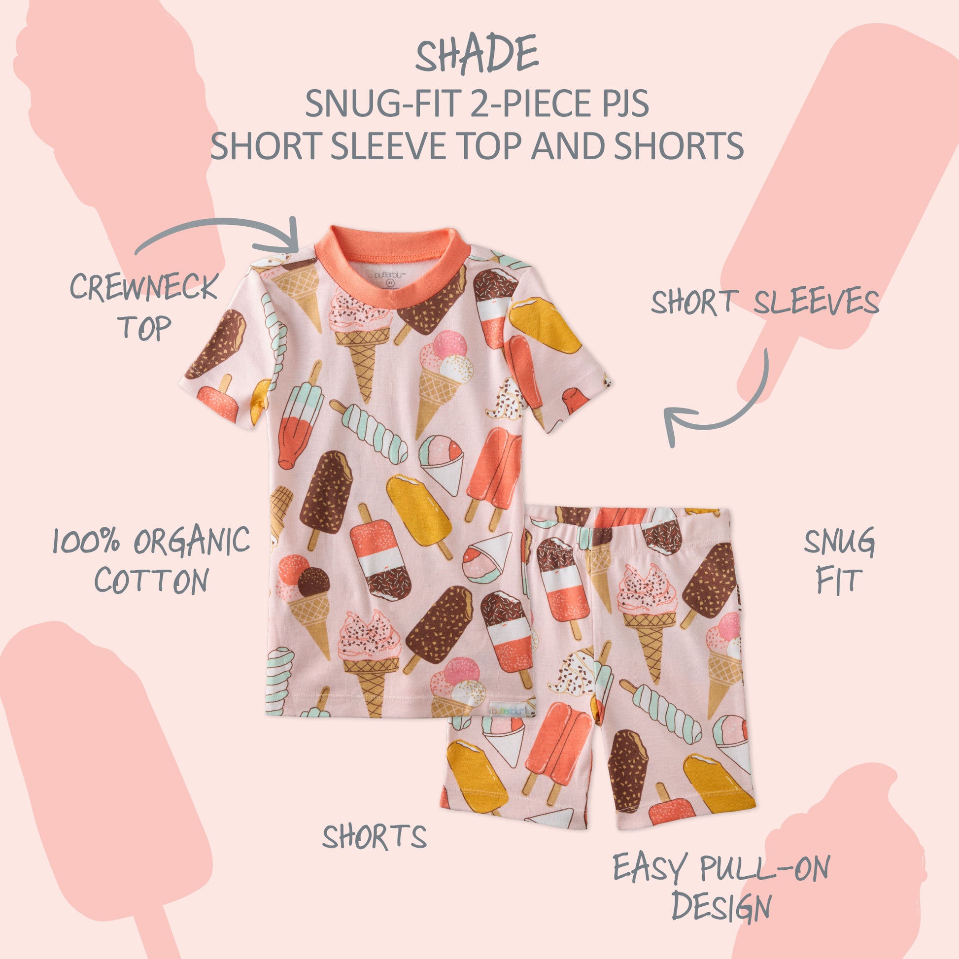  SHADE two piece short pajama set with product descriptions surrounding it