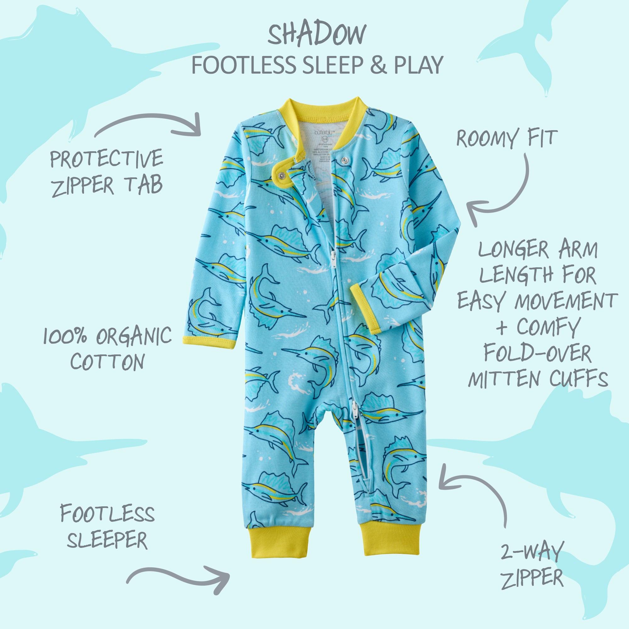  SHADOW onesie pajamas with product descriptions surrounding it
