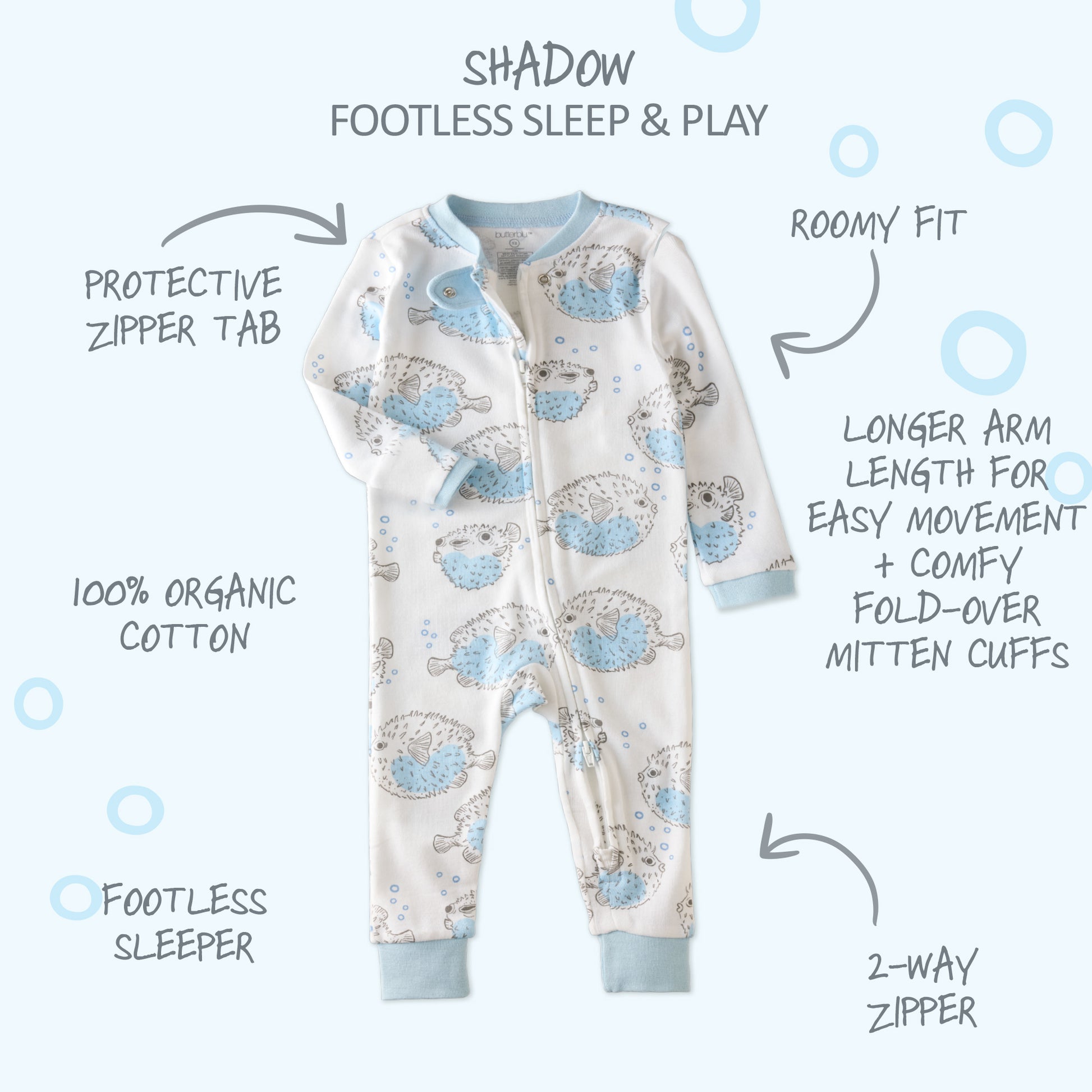  SHADOW onesie pajamas with product descriptions surrounding it
