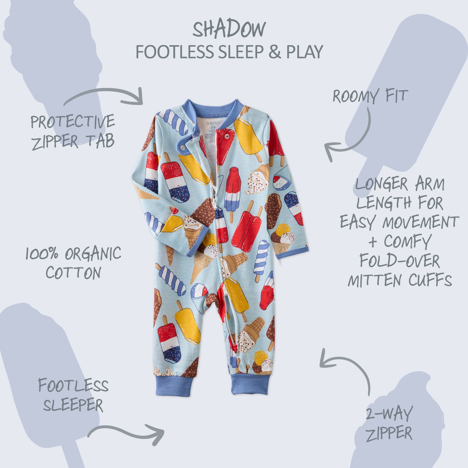  SHADOW onesie pajamas with product descriptions surrounding it
