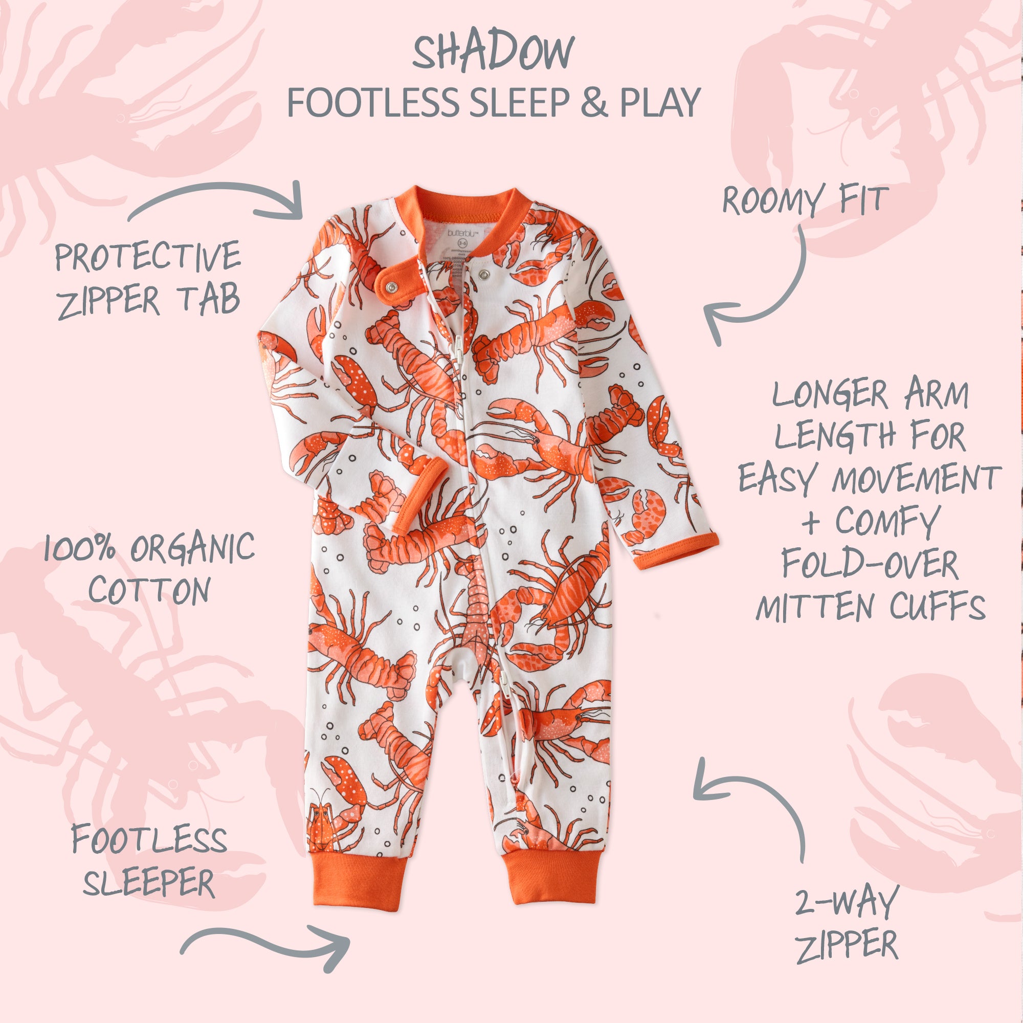  SHADOW onesie pajamas with product descriptions surrounding it
