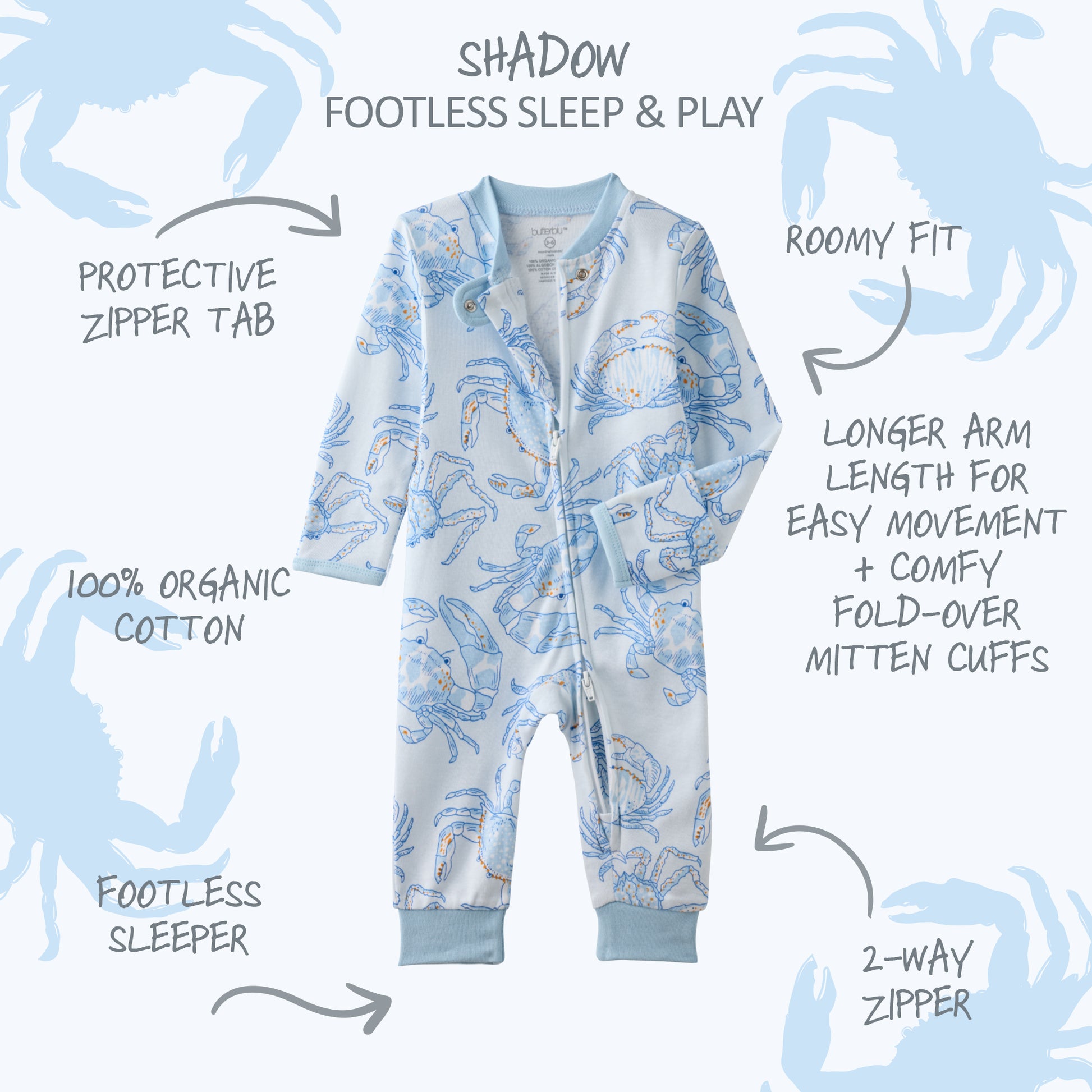  SHADOW onesie pajamas with product descriptions surrounding it
