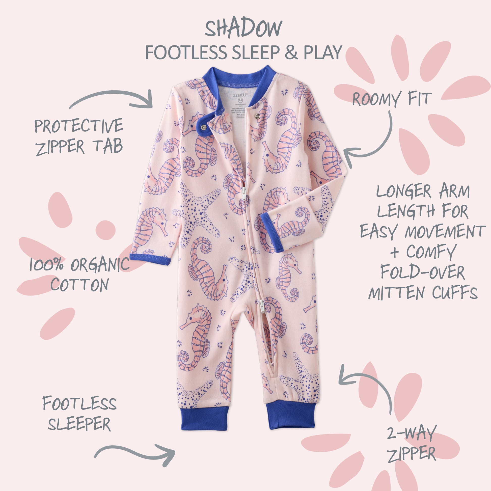  SHADOW onesie pajamas with product descriptions surrounding it
