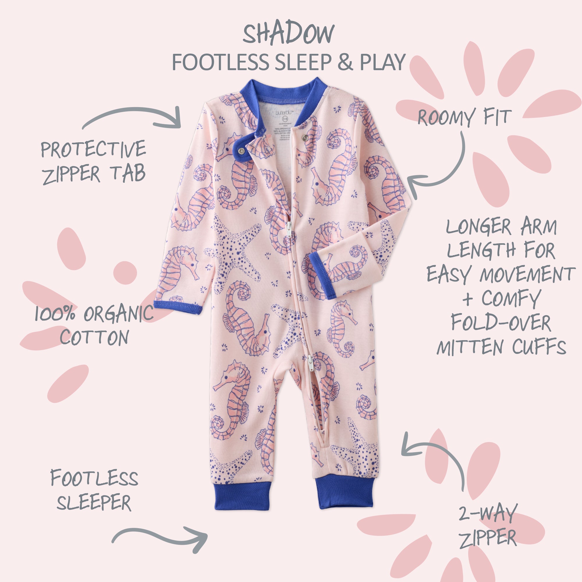  SHADOW onesie pajamas with product descriptions surrounding it
