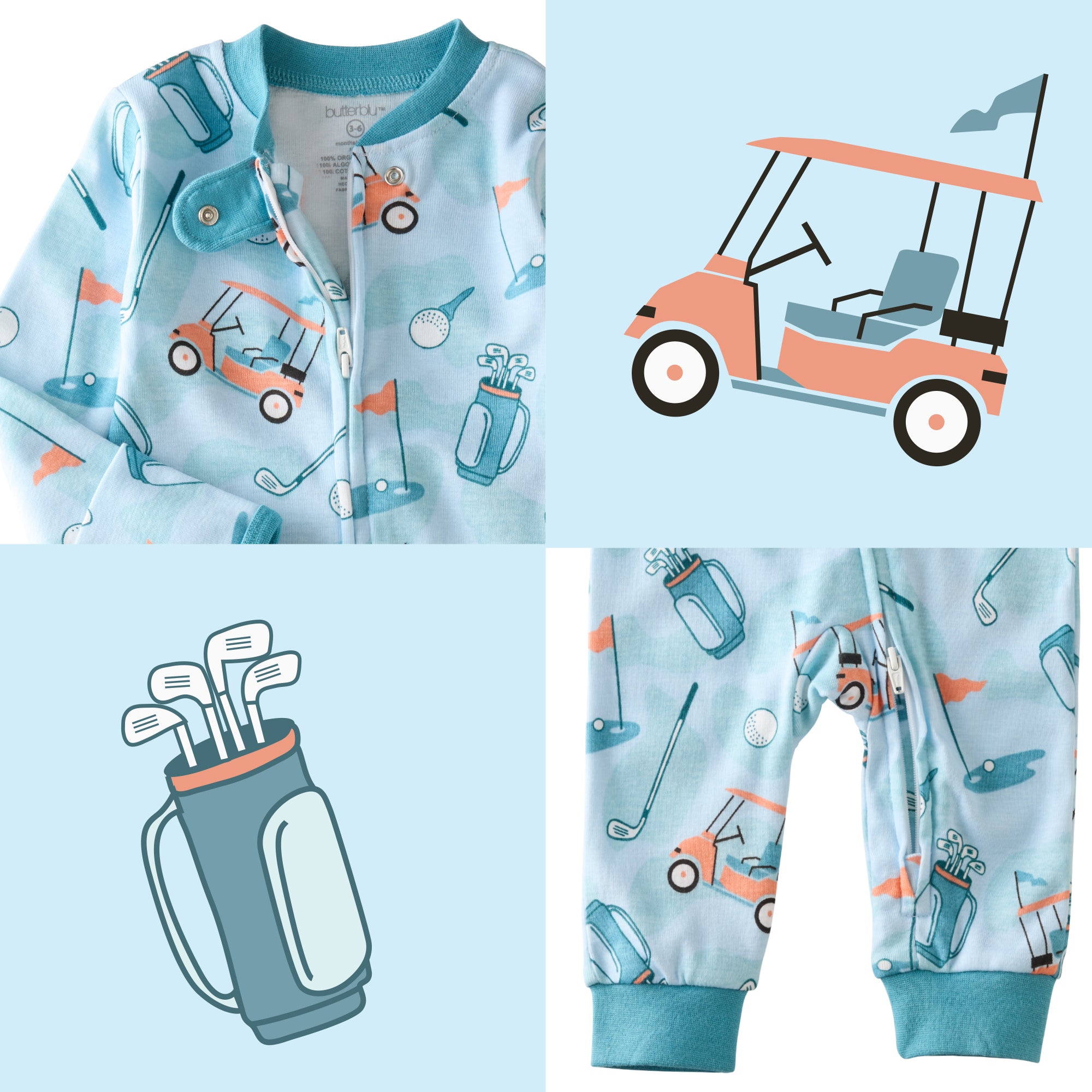 Little Golfer Blue top and bottom pattern collage
