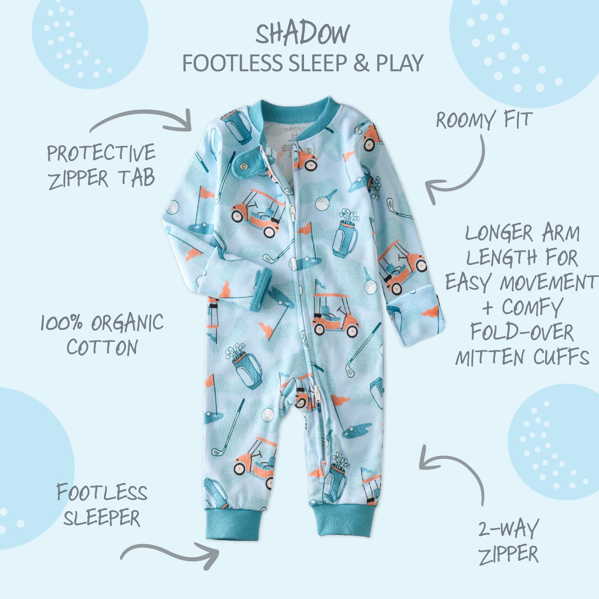  SHADOW onesie pajamas with product descriptions surrounding it
