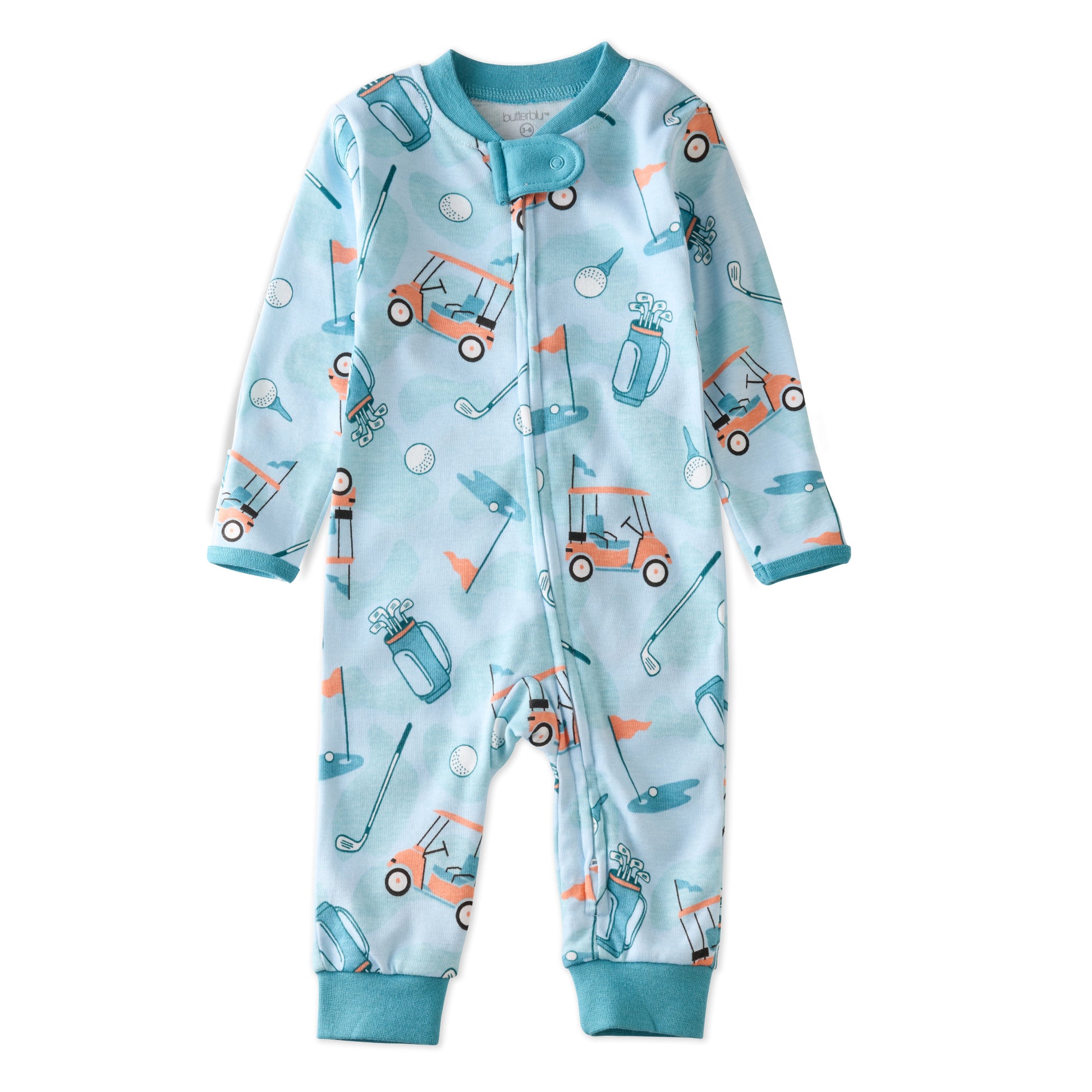 SHADOW onesie pajamas in Little Golfer Blue on a white background
