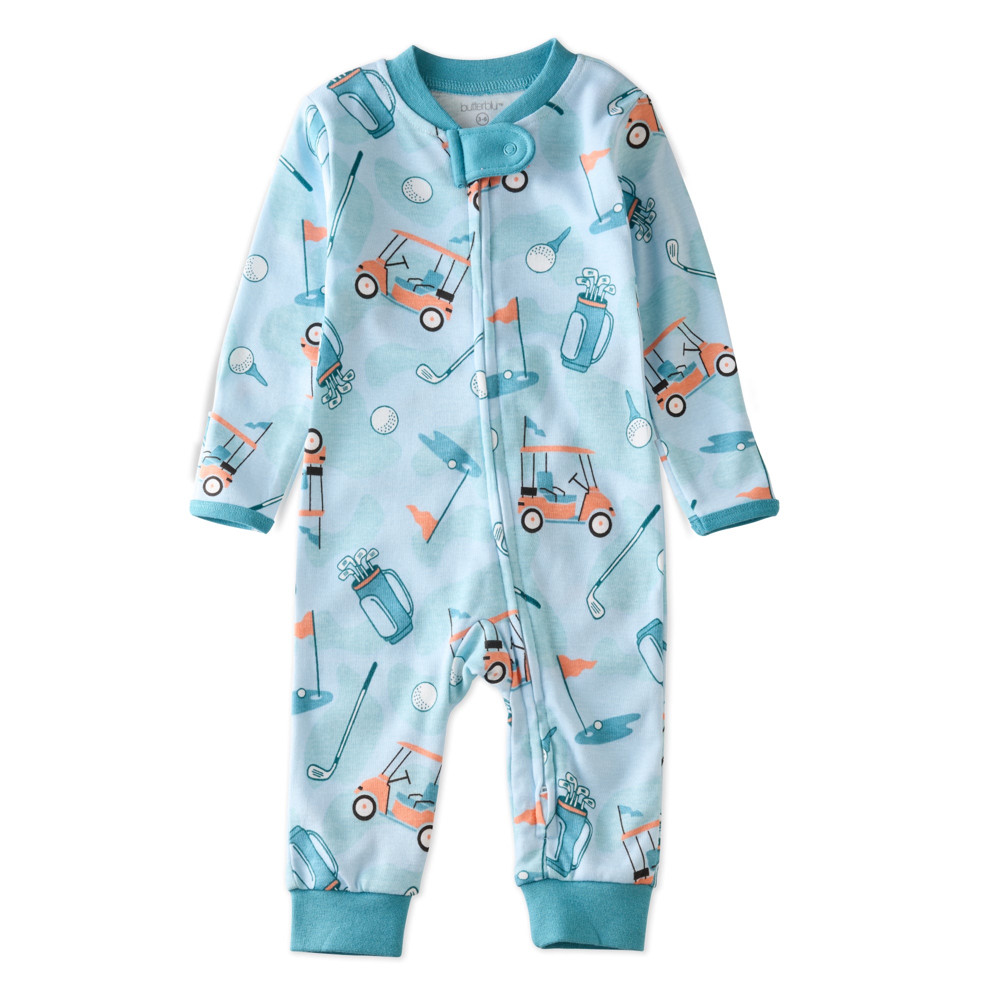 SHADOW onesie pajamas in Little Golfer Blue on a white background
