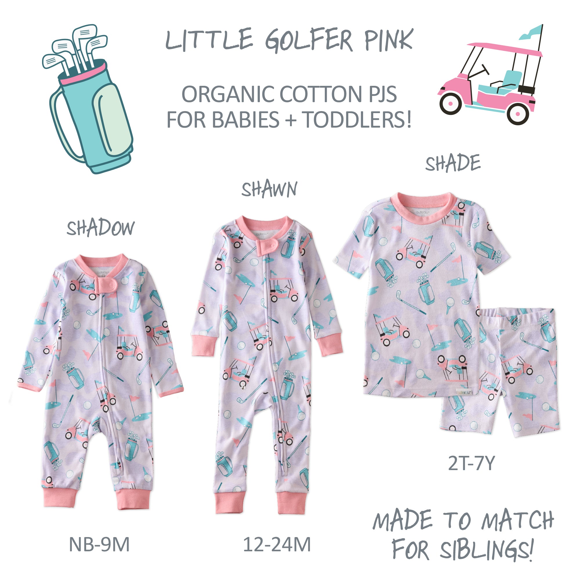 Made to Match pajama set in Little Golfer Pink on a white wallpaper