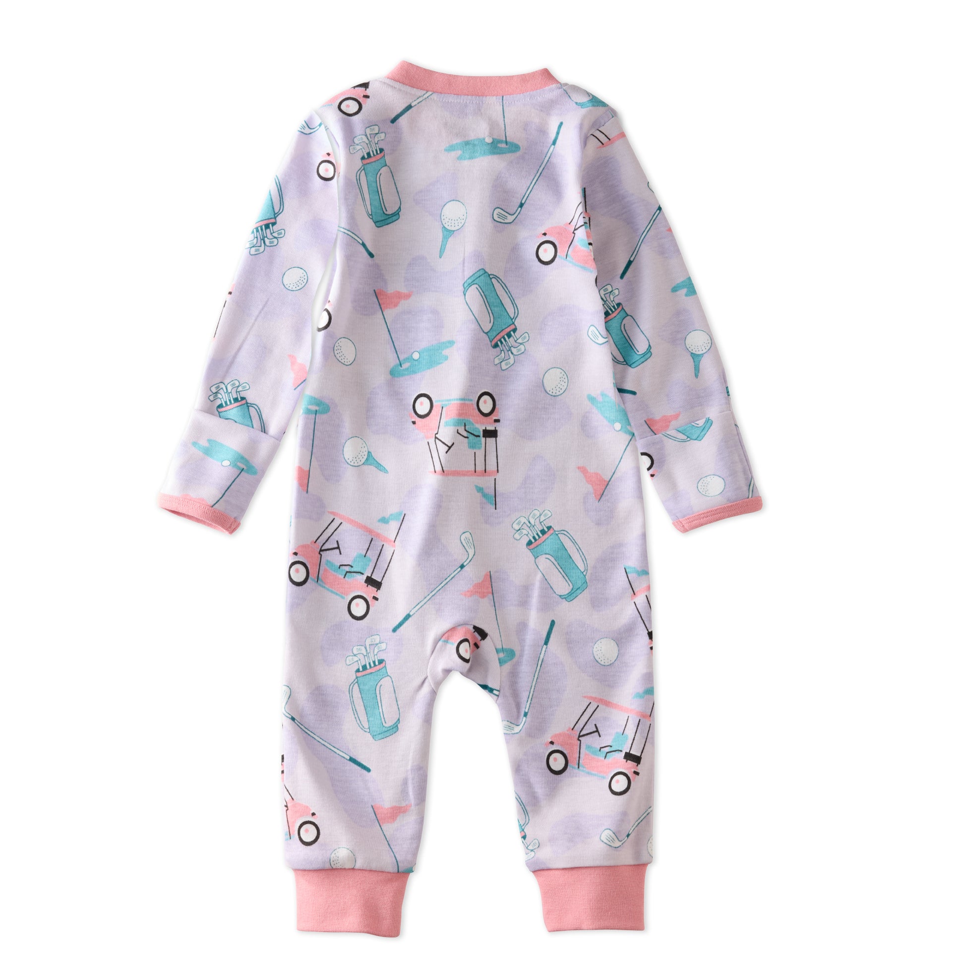 SHADOW onesie pajamas in Little Golfer Pink on a white background
