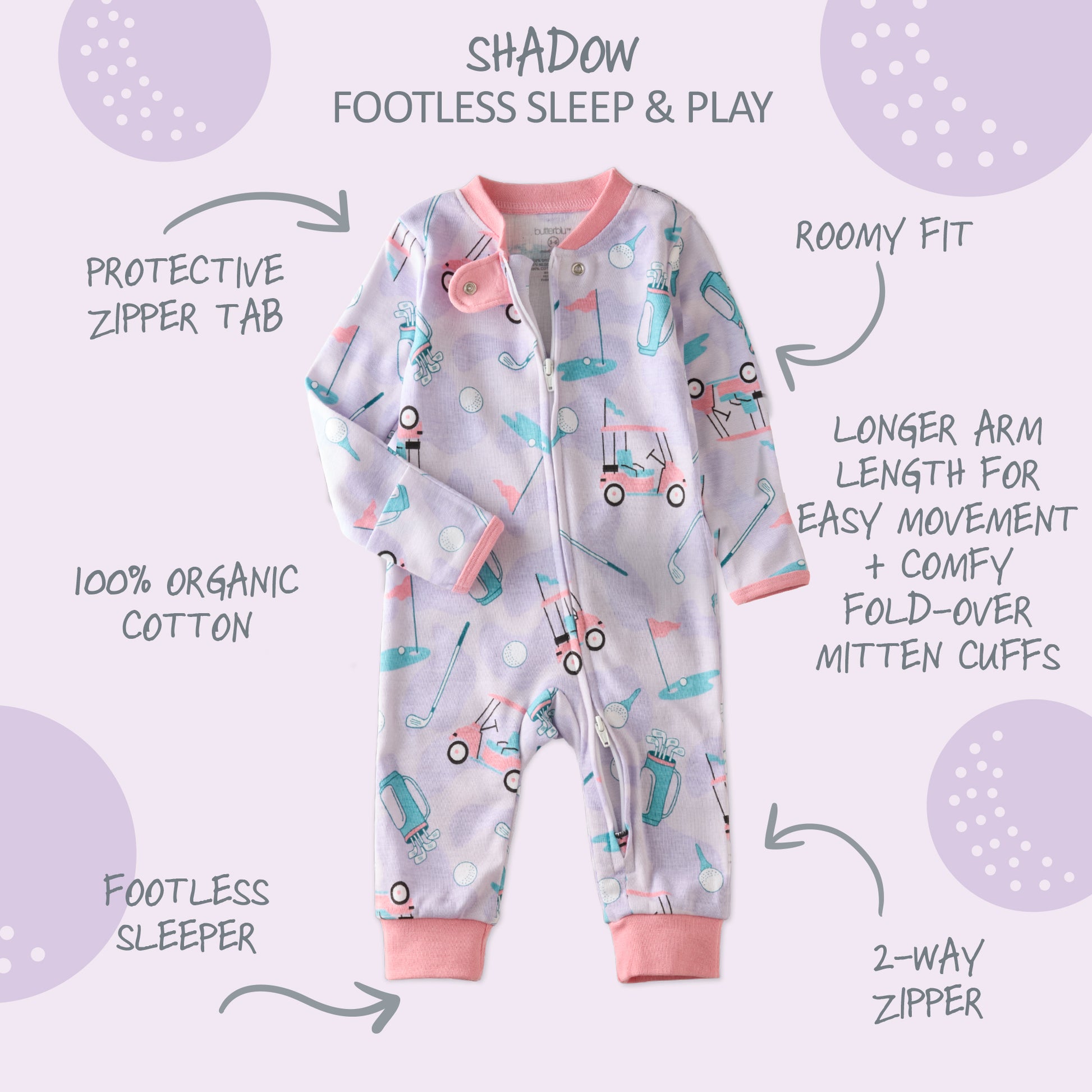  SHADOW onesie pajamas with product descriptions surrounding it
