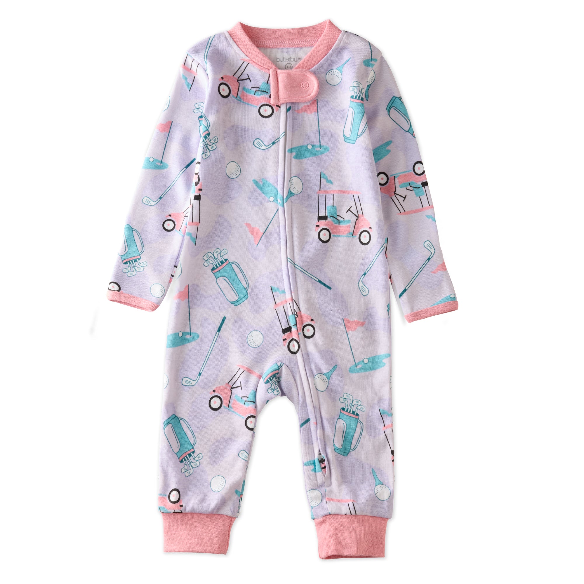 SHADOW onesie pajamas in Little Golfer Pink on a white background
