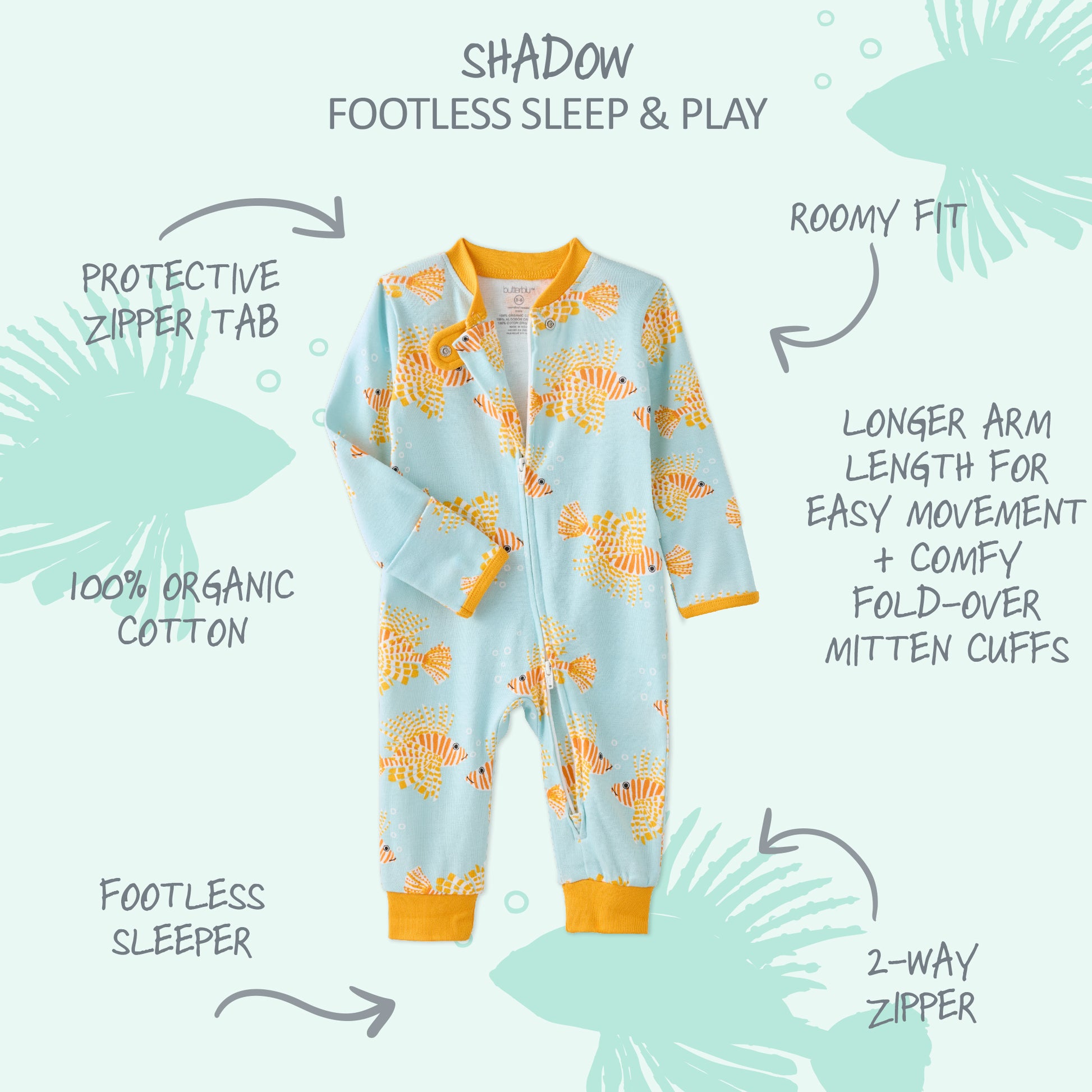  SHADOW onesie pajamas with product descriptions surrounding it
