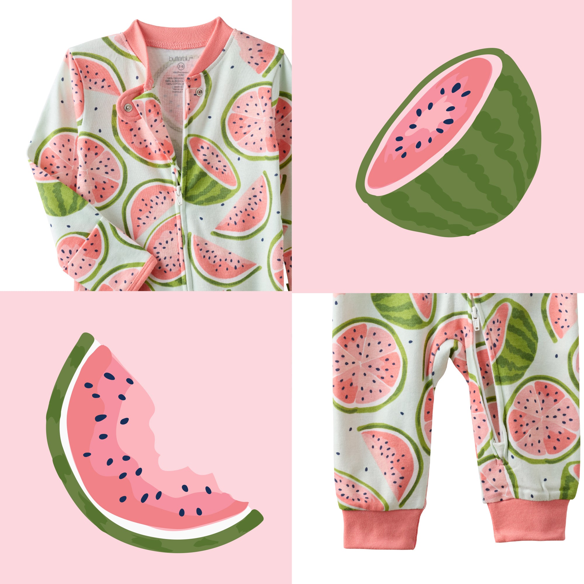 Footie pajamas in One in a Melon collage