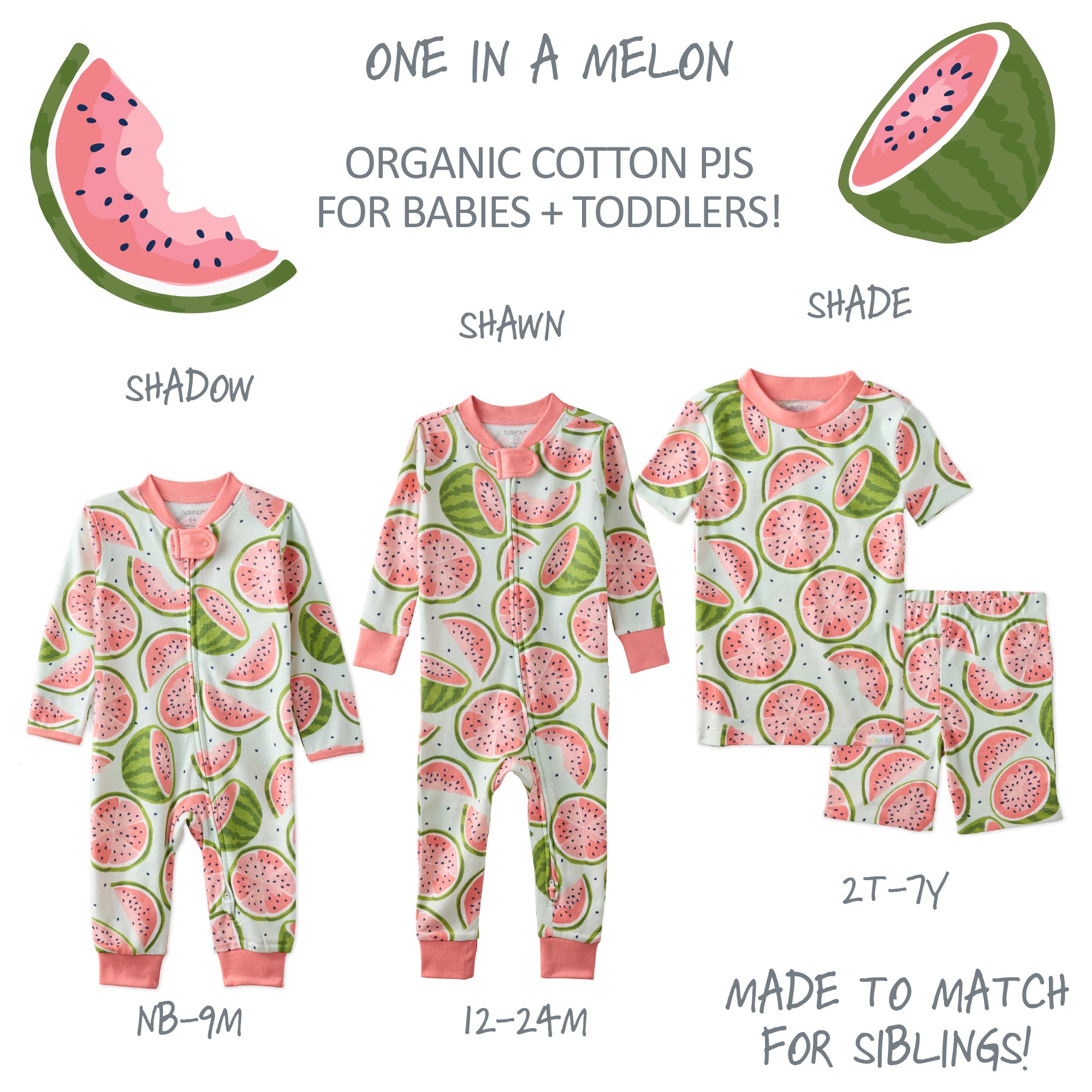 Made to Match pajama set in One in a Melon on a white wallpaper