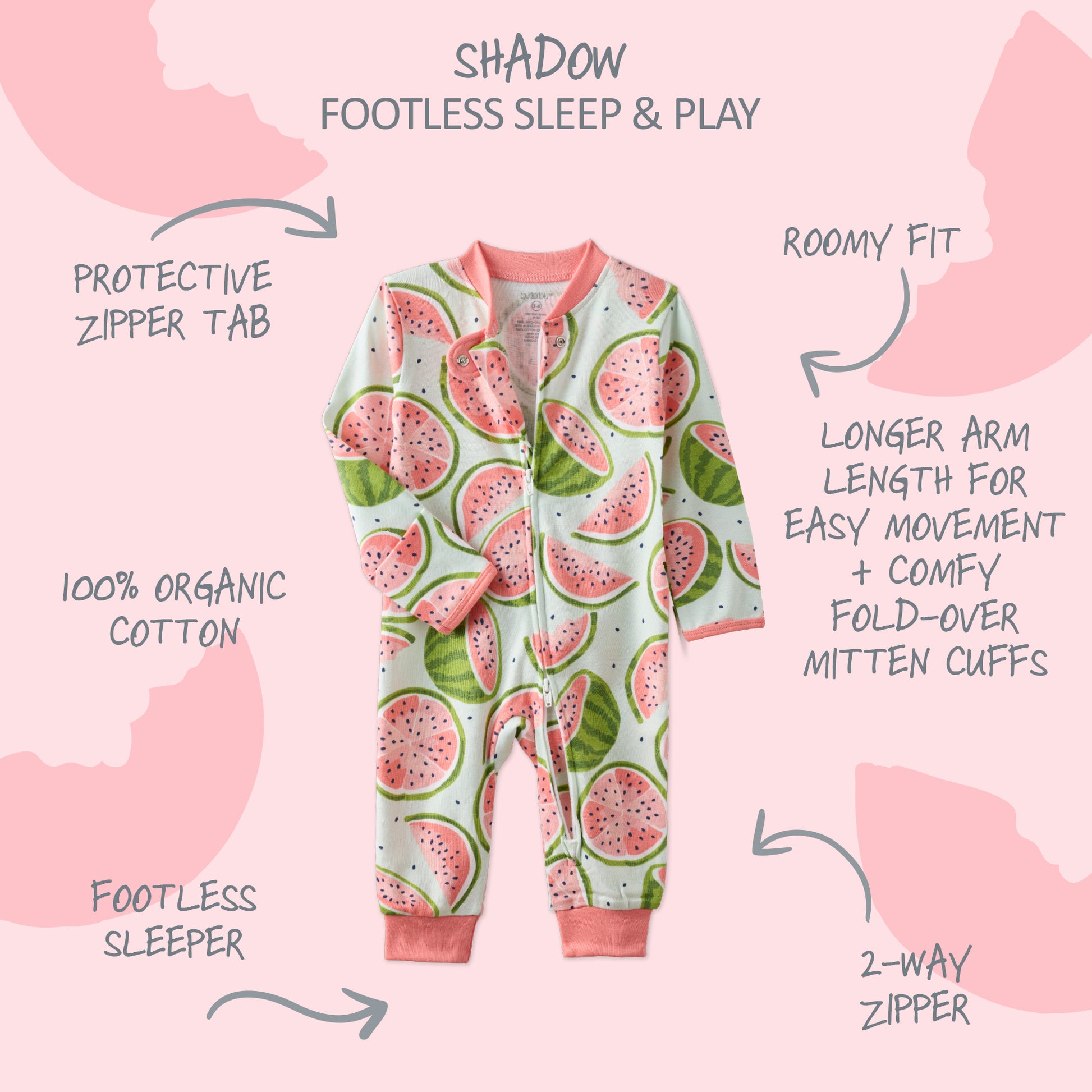  SHADOW onesie pajamas with product descriptions surrounding it