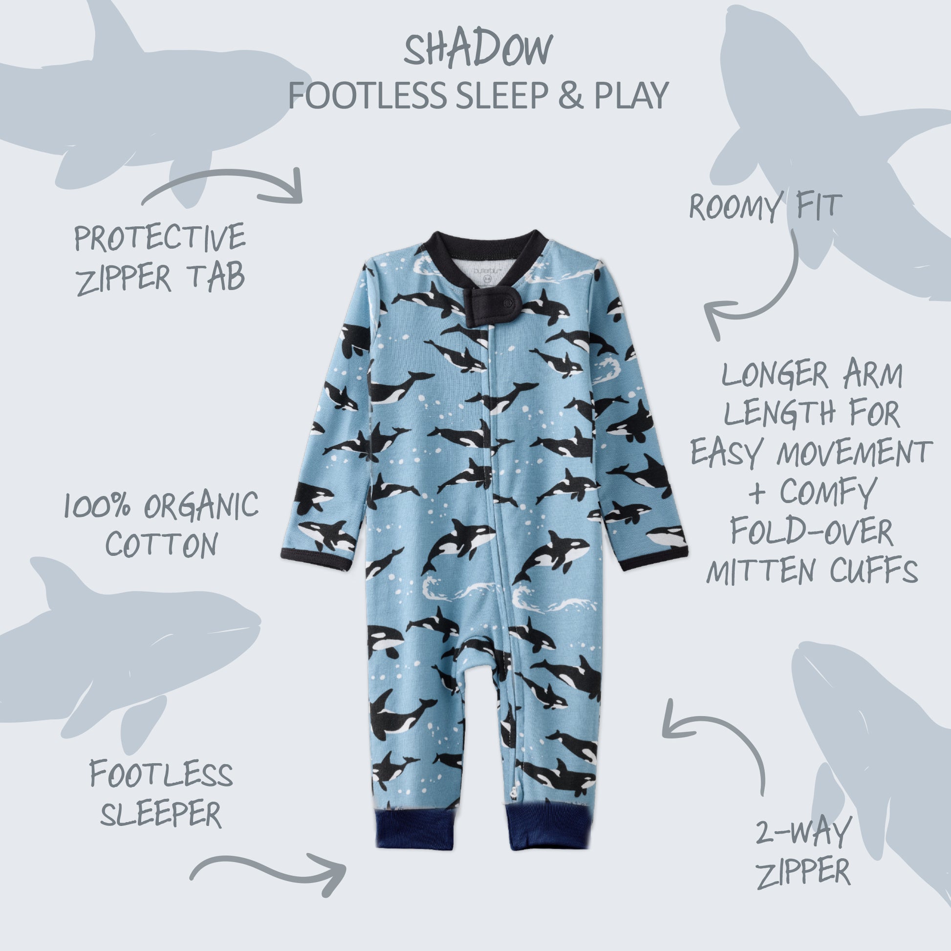  SHADOW onesie pajamas with product descriptions surrounding it
