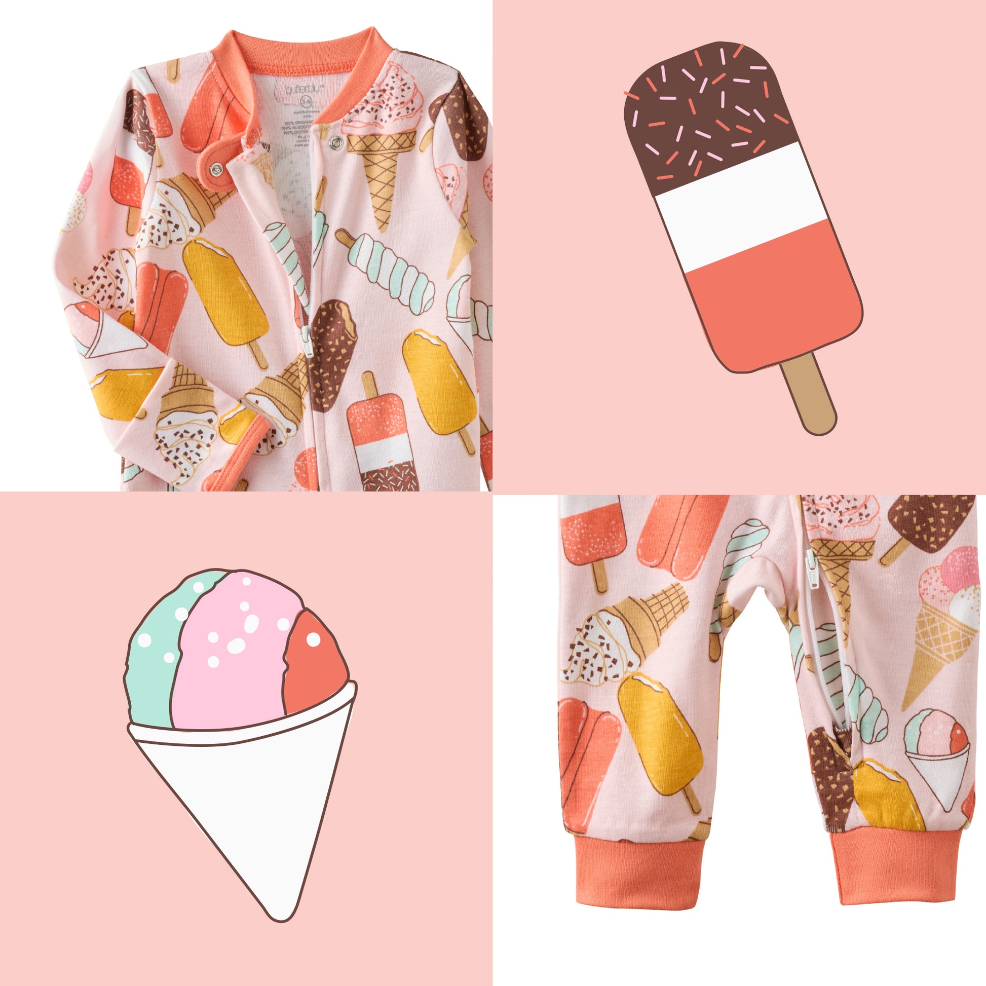 Butterblu Shadow sleep and play unisex baby pajamas in The Scoop — GOTS-certified organic cotton footed pajamas with two-way zipper