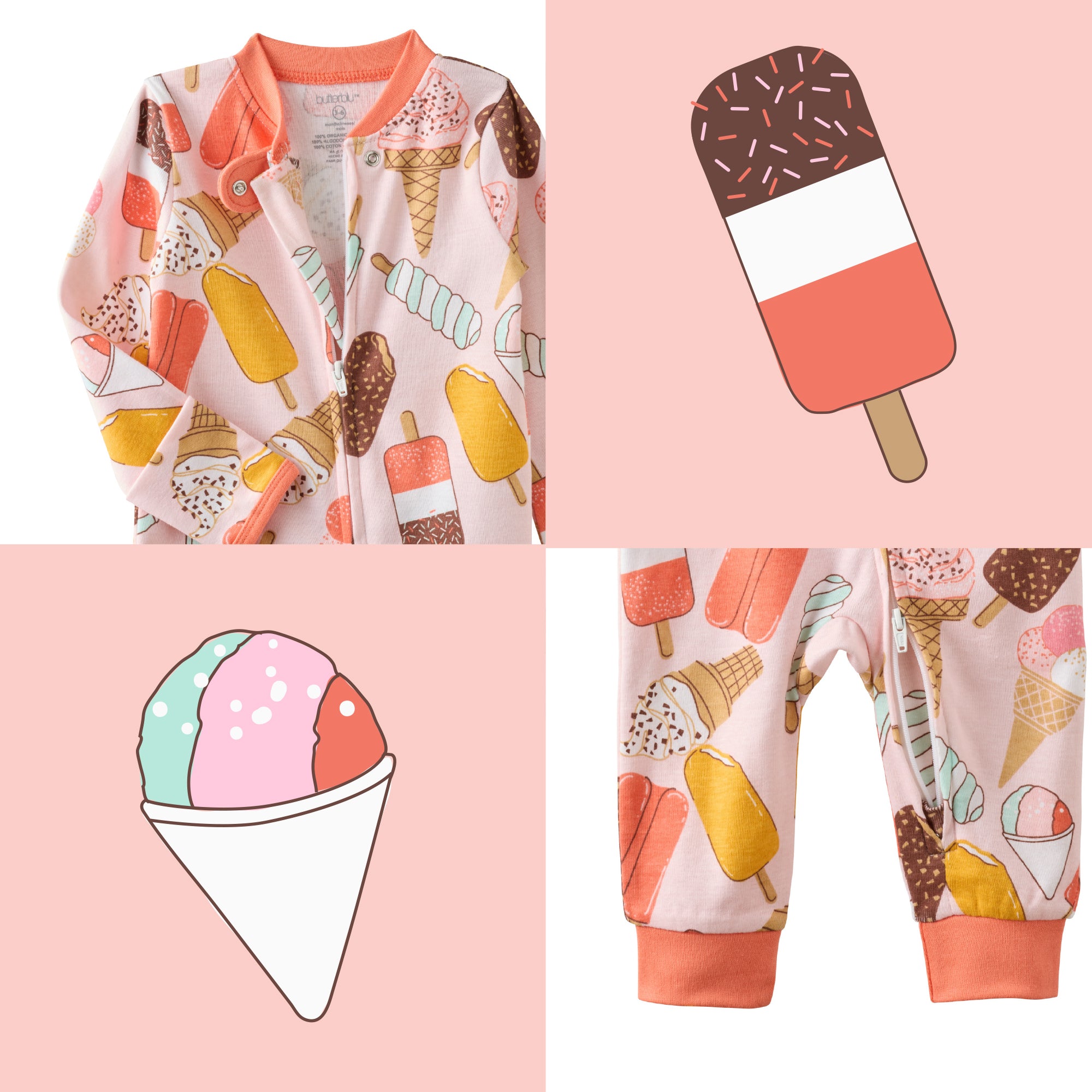 Butterblu Shadow sleep and play unisex baby pajamas in The Scoop — GOTS-certified organic cotton footed pajamas with two-way zipper