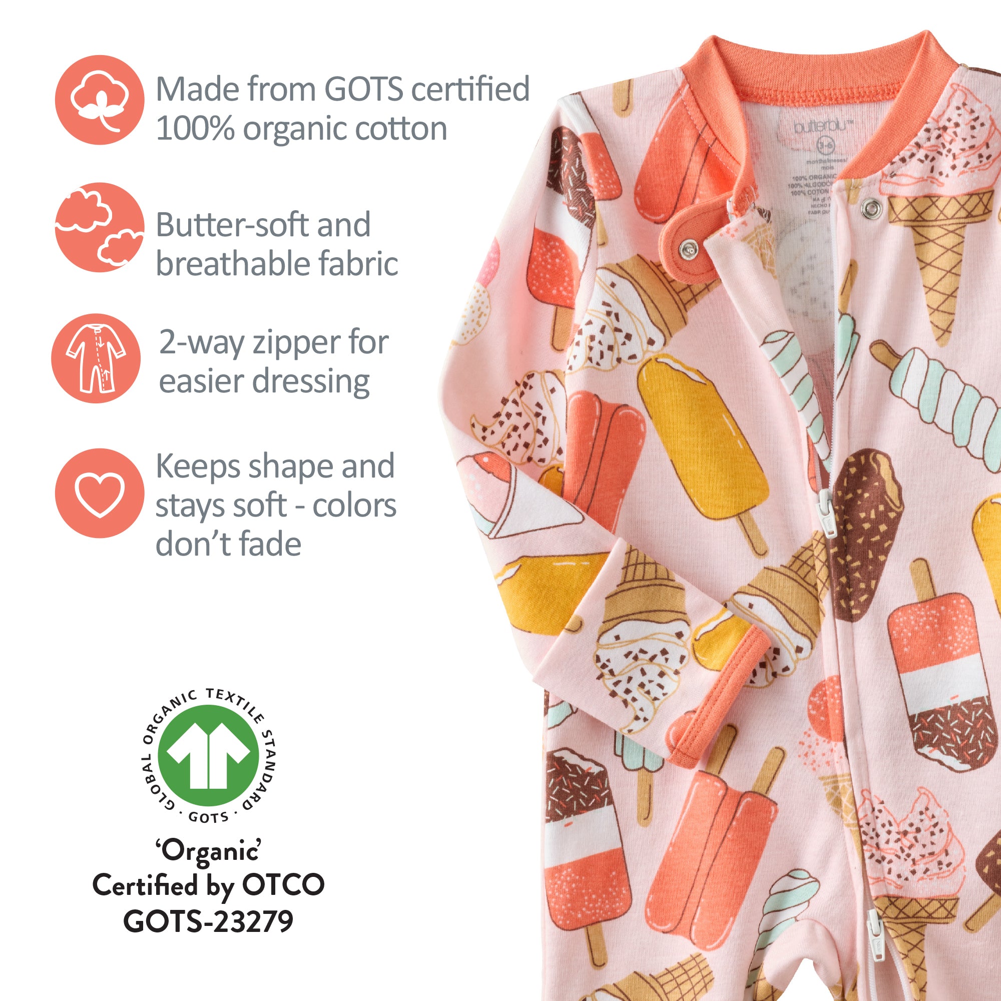 Butterblu Shadow sleep and play unisex baby pajamas in The Scoop — GOTS-certified organic cotton footed pajamas with two-way zipper