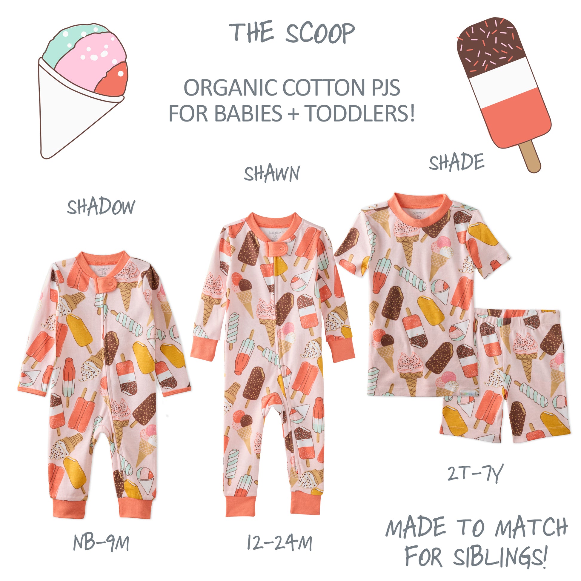 Butterblu Shadow sleep and play unisex baby pajamas in The Scoop — GOTS-certified organic cotton footed pajamas with two-way zipper