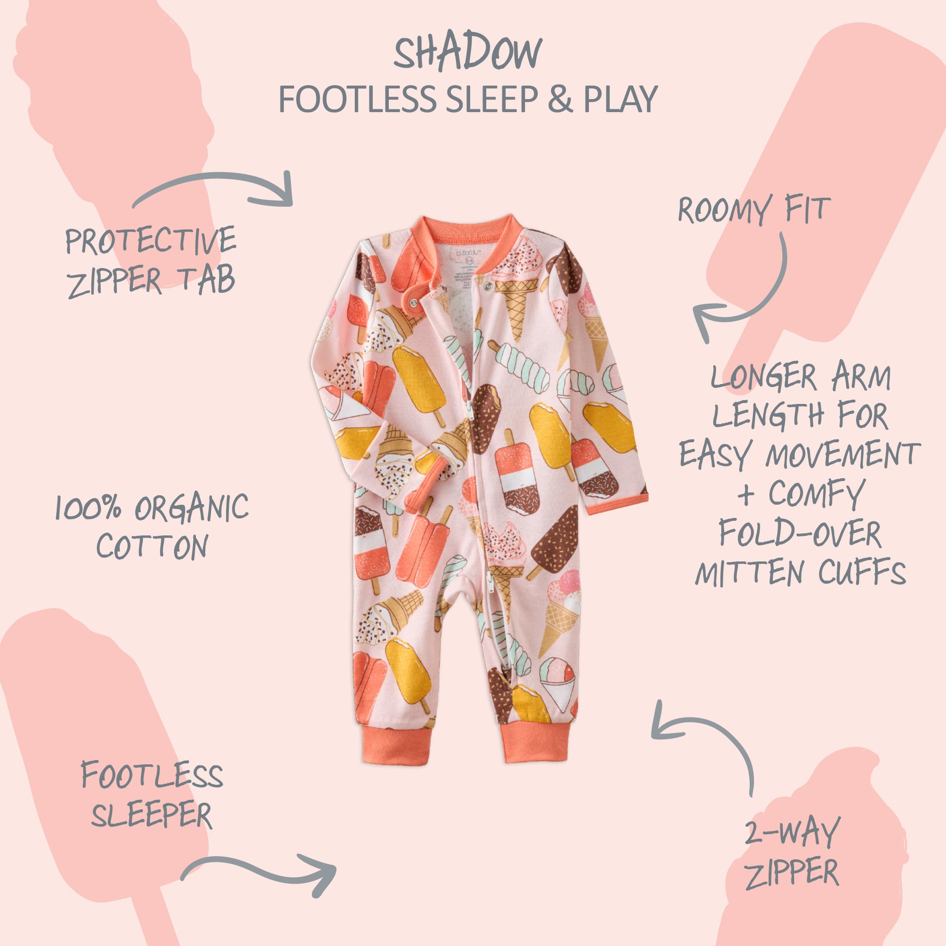 Butterblu Shadow sleep and play unisex baby pajamas in The Scoop — GOTS-certified organic cotton footed pajamas with two-way zipper