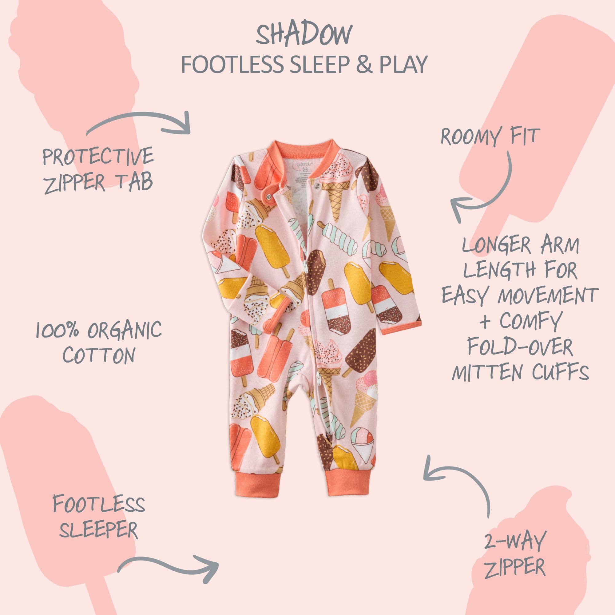 Butterblu Shadow sleep and play unisex baby pajamas in The Scoop — GOTS-certified organic cotton footed pajamas with two-way zipper
