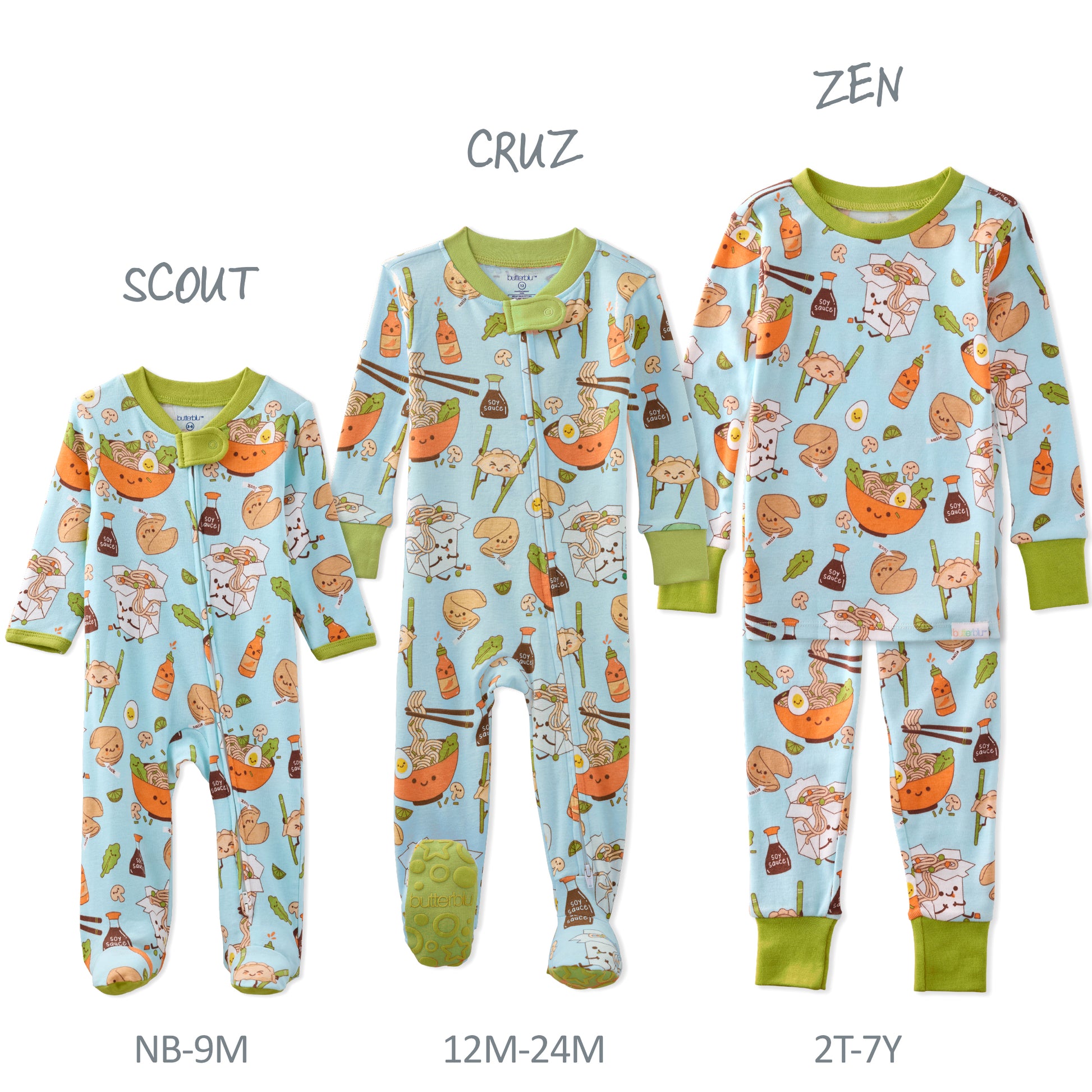 Three children's pajamas with different patterns and sizes on a white background.
